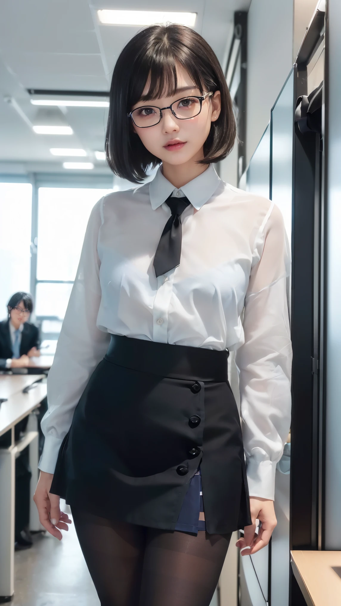 Masterpiece, Best-quality, RAW-photo, Ultra-High-Resolution, Photorealistic, very delicate human skin, 
(Anatomically correct, 16-years-old, Realistic Japanese girl, photographer's lover, She truly loves photographer, baby face, cute face, short height, thin waist, big breasts, Slender legs, Large breast, Realistic skin), 
((Spring outfit, female office worker, Blouses, jackets, pencil skirts:1.3)), 
(maiko, Round face, Black hair, Black eyes, Moist eyes, Shining eyes, Short bob cut, Bangs, Down-slating eyebrows, one little earring, Light blush), 
(See photographer, look at viewer, grab the sling, arm up, hang on a strap:1.3), 
(sexual look), 
(Japanese Crowded train, Surrounded by Japanese men wearing suits, Ten male office workers are standing in the background:1.3), 
Natural lighting, full length