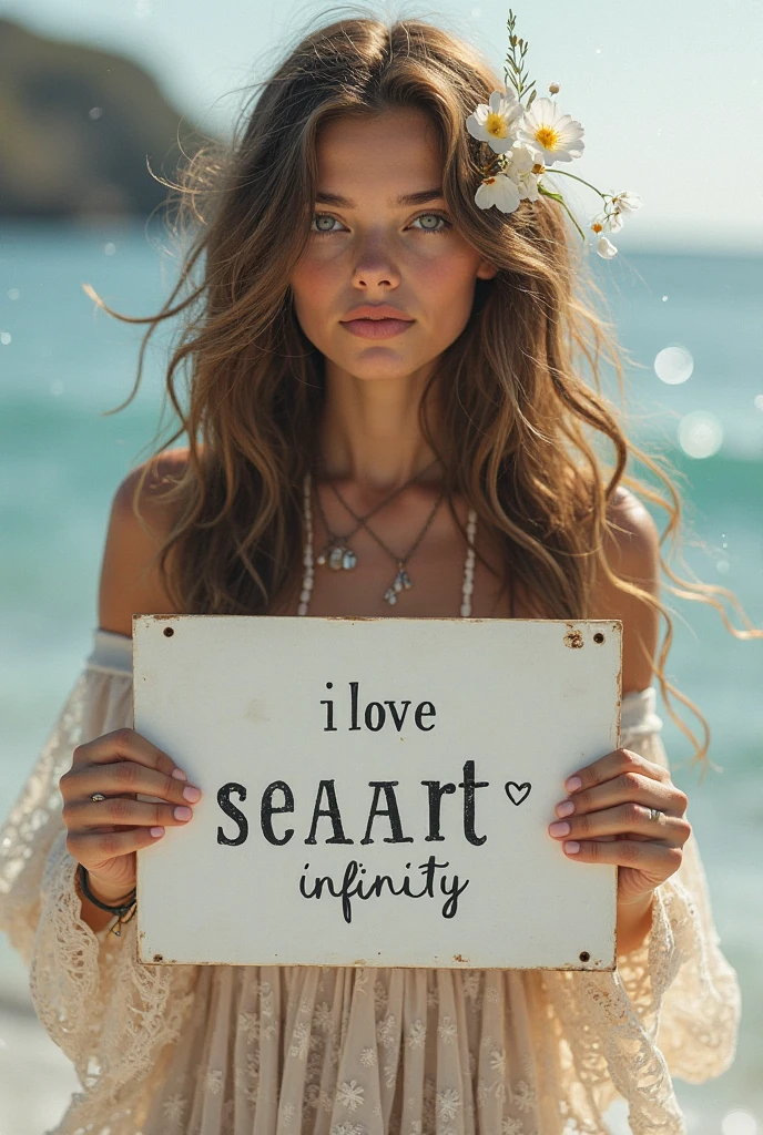 Beautiful girl with wavy long hair, bohemian dress, holding a white board with text "I Love Seaart Infinity" and showing it to the viewer