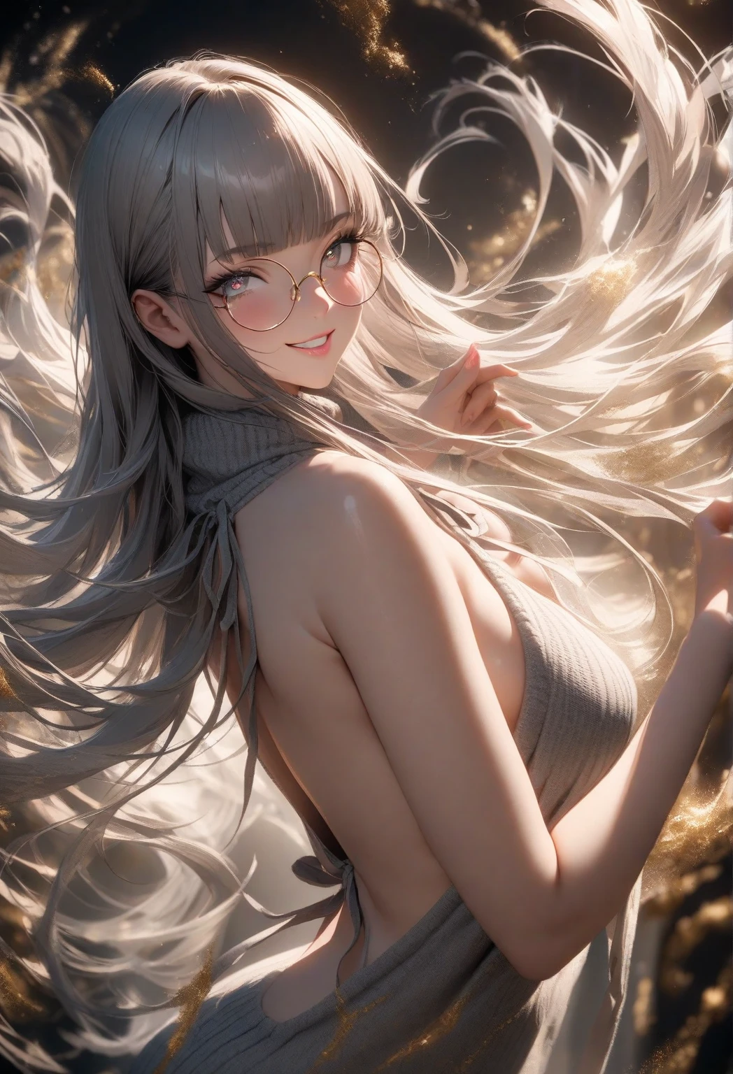 (in the darkness: 1.6),Surrealist female portrait, fantasy art, photorealism, dynamic lighting, art station, poster, Volumetric lighting, (Very detailed faces), 4K, won, 2 girl, in the darkness, deep shadow, low profile, Denim lens set: 1.4), long hair, white hair, broken into pieces, luxurious palace, (wear glasses),(hair accessories), (nsfw:1), (naked), (naked body), (no clothes), (sexy body), perfect hands, perfect fingers, perfect body, (fit body), (perfect breasts)