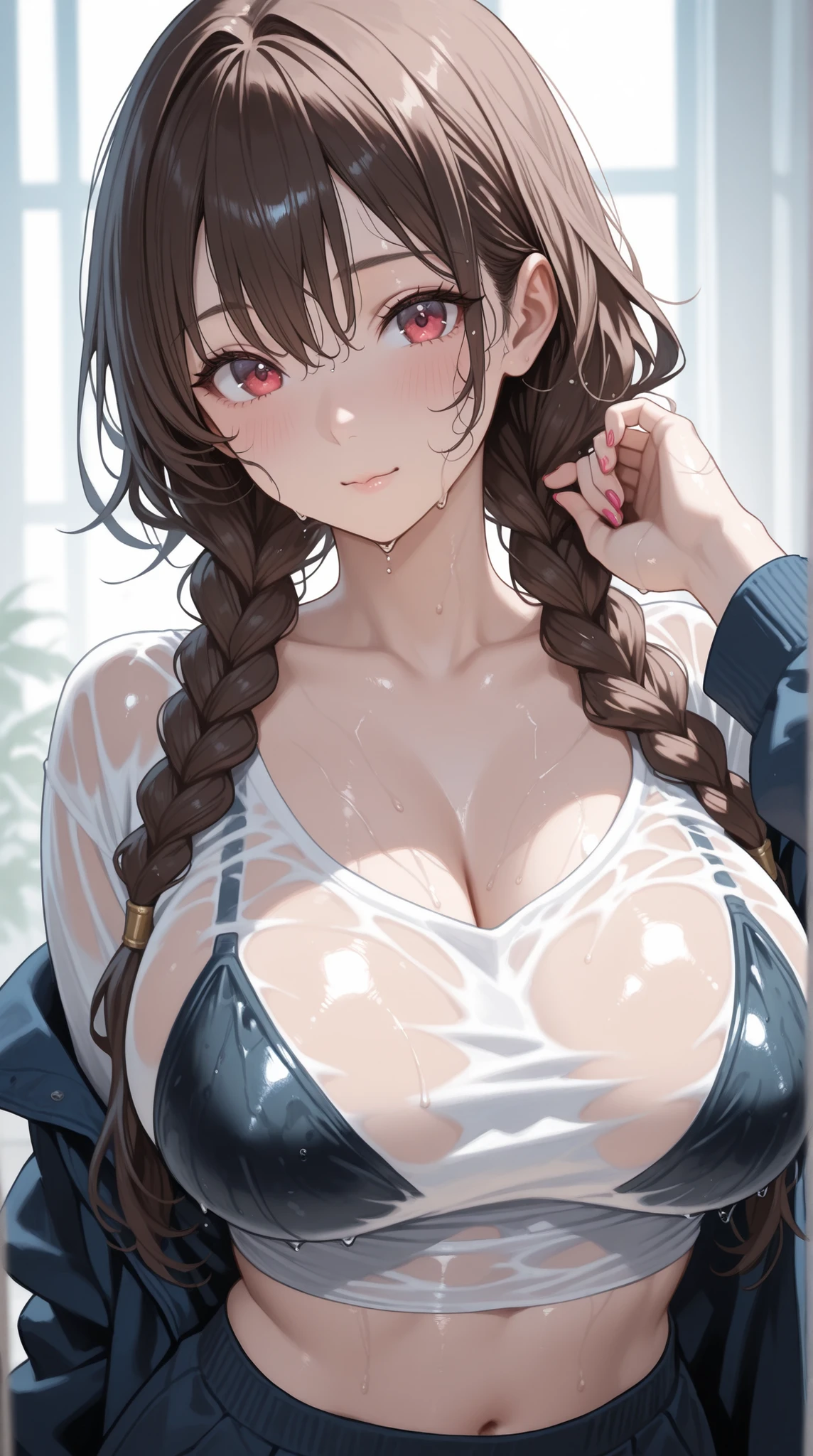 top-quality、超A high resolution、(Photorealsitic:1.4)、女の子1人、(faded ash gray hair:1)、(huge-breasted:1.2)、cleavage, looking at viewert、a closeup、Tight camisole、White camisole、silk camisole、