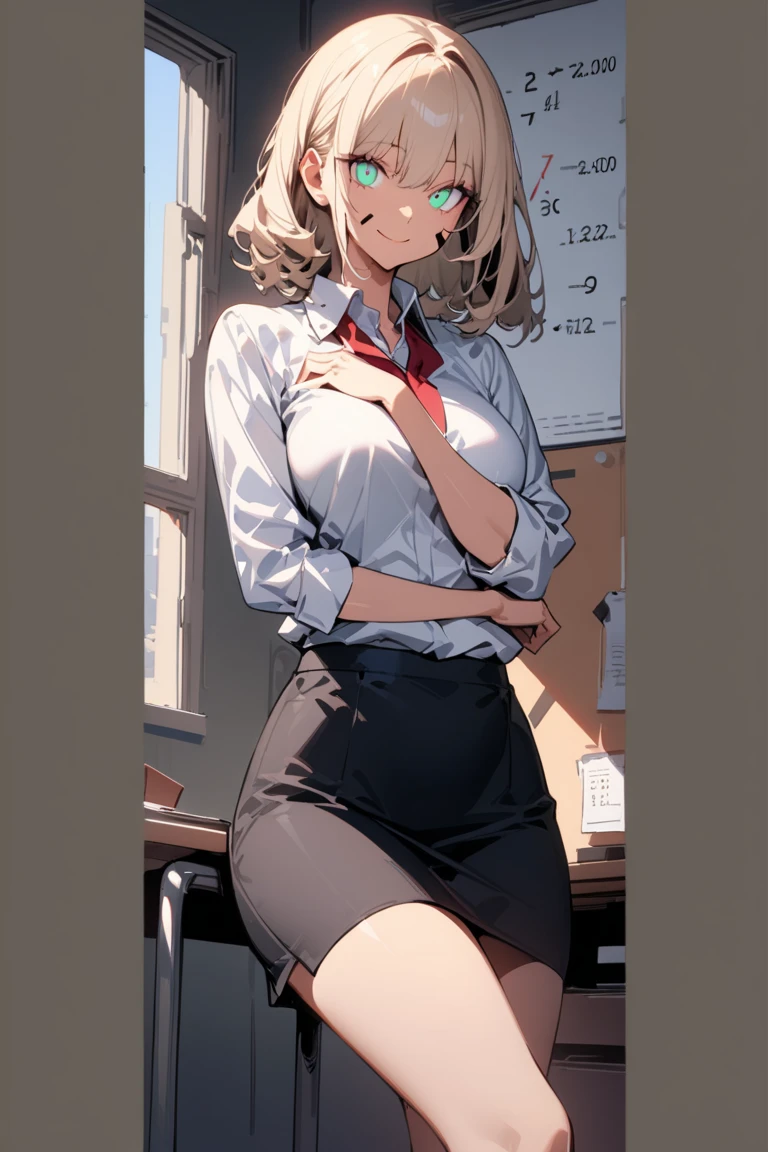check_9, check_8_up, check_7_up, petra ral, 1 girl, One, short hair, blonde curly hair, Brown eyes, Good, lace panties, stockings, school office
