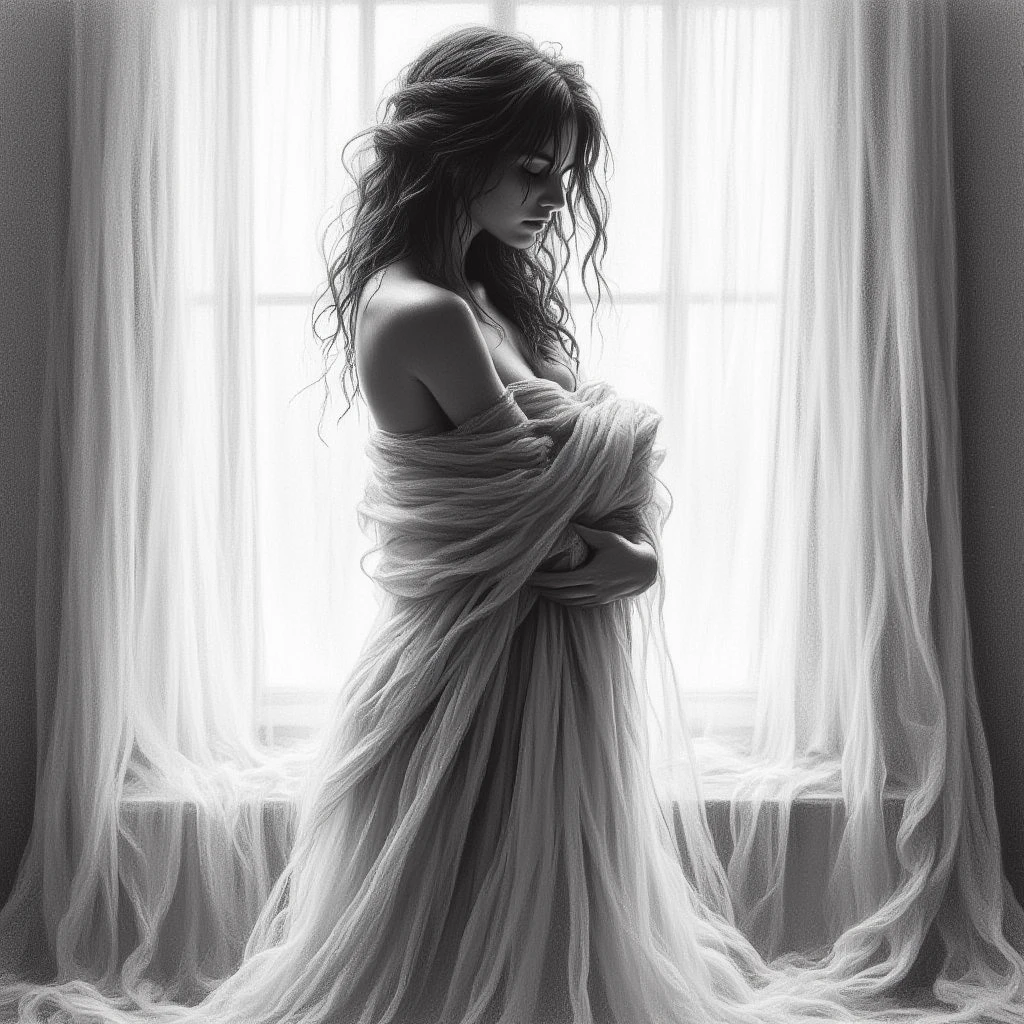 um close up de uma roupa branca em um fundo preto, capa branca, upper body visible, contorno difuso, Imagem, capa branca, Cloth simulation with Houdini, figura envolvente, flowing white robes, figura encapuzada