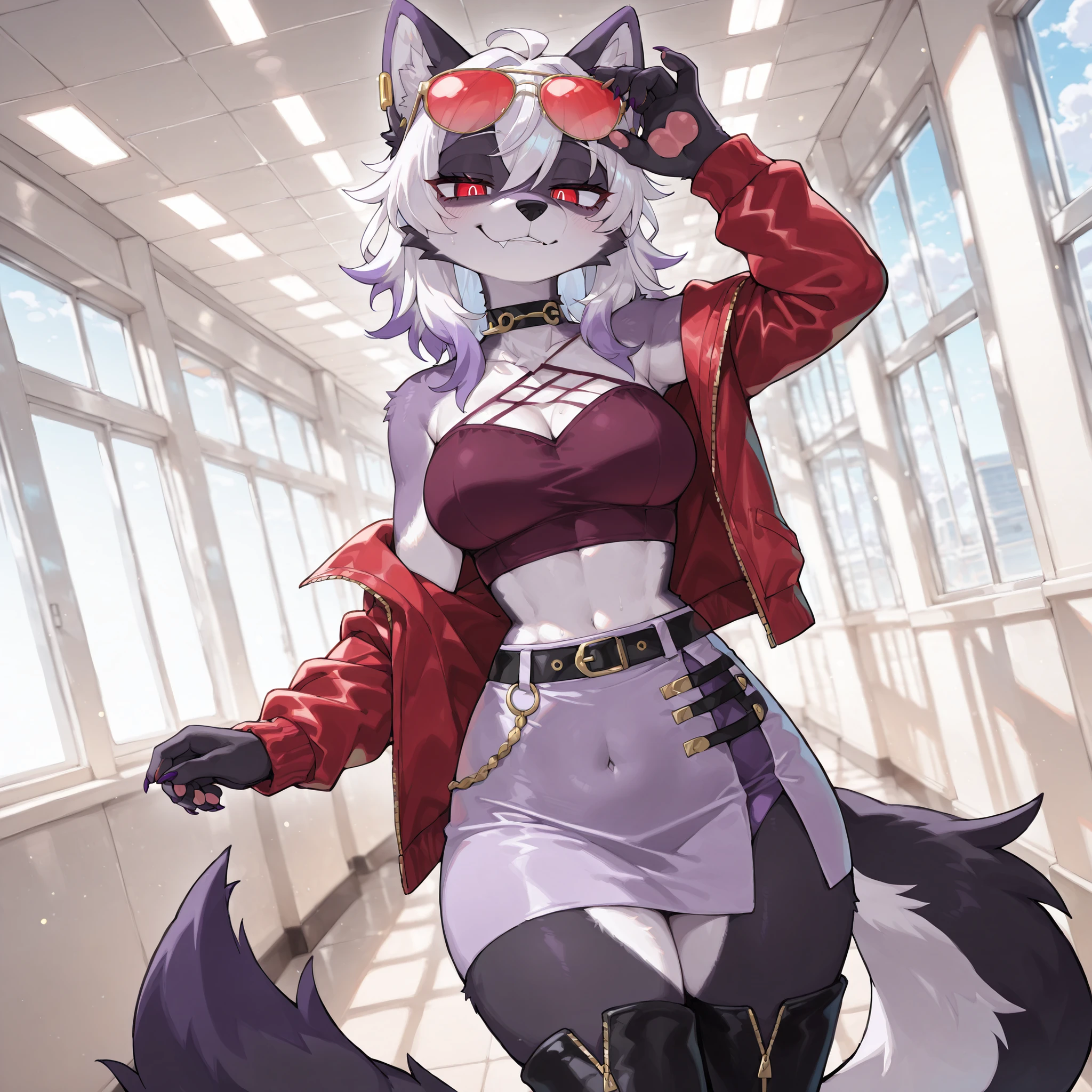 (dutch angle) (solo:1.5, solo character:1.5) (adult:1.2, mature:0.9, female, girl, hot, broad shoulders:1.1, detailed lighting, detailed shadows), [big eyes:1.4], (round face:1.4, red eyes, cute:1.1, medium hair, medium breasts, black fur, red tinted glasses on head, wolf), ((white colored hair, violet highlights on hair, violet tipped hair)), [hot pink|red] jacket, (dark purple top, fisnet connecting top to neck), purple skirt, black thigh high boots, looking at viewer, standing up, college hallway, half lidded eyes, claws, smirk, evil look,  exposed midriff, pink pawpads, hand on sunglasses, fang, golden earings, mocking look, black hands, (((dinamic pose))), (masterpiece, best quality, very detailed body, face, tail, arms, hands, legs, head and eyes)