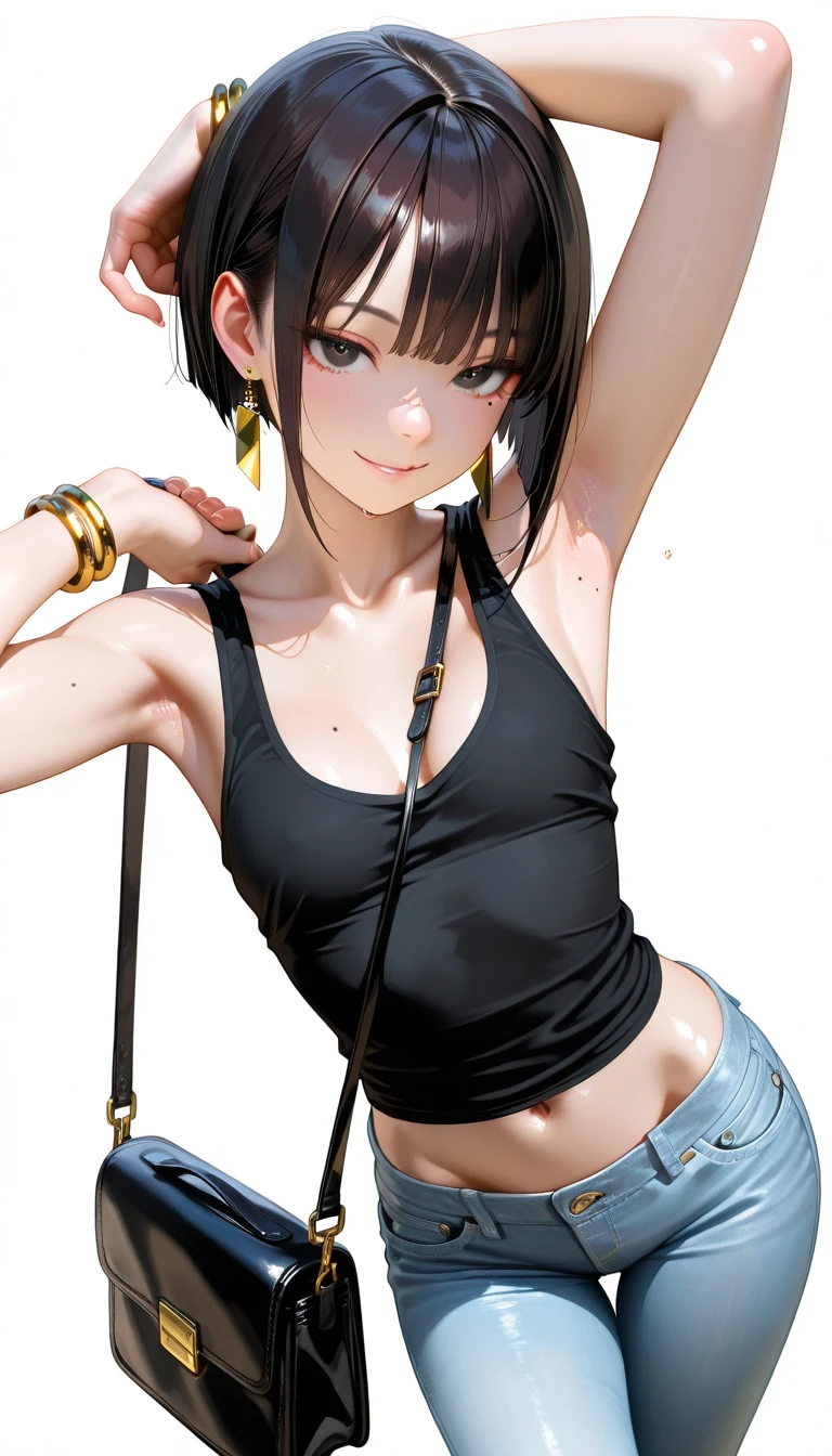 solo, 1girl, (masterpiece), ((14 year old appearance)), mohalk punk hair, small breasts, yellow eyes, ((detailed eyes)), (athletic body), (simple black cropped), (simple sexy micro black top with red details), Looking at the screen, orange lipstick, visible abs, (simple micro kinky thong), navel, (collarbone), (cyberpunk scenery background)