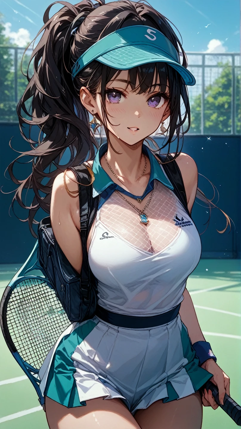 Dynamic，Dynamic,Side face，short detailed hair，Short hair，Lori huge breasts cleavage，cleavage，The expression of kissing，is shy，Seduce a man's narrow small waist, tennis cosplay，(tennis court:1.3)tennis cosplay，（pleated super short skirt：1.4），（upper legs：1.3），（Extreme heat：1.5），Background bokeh，From top to bottom，cleavage，(Detailed eyes), Best quality at best, ultra - detailed, tmasterpiece, (Detailed face)，