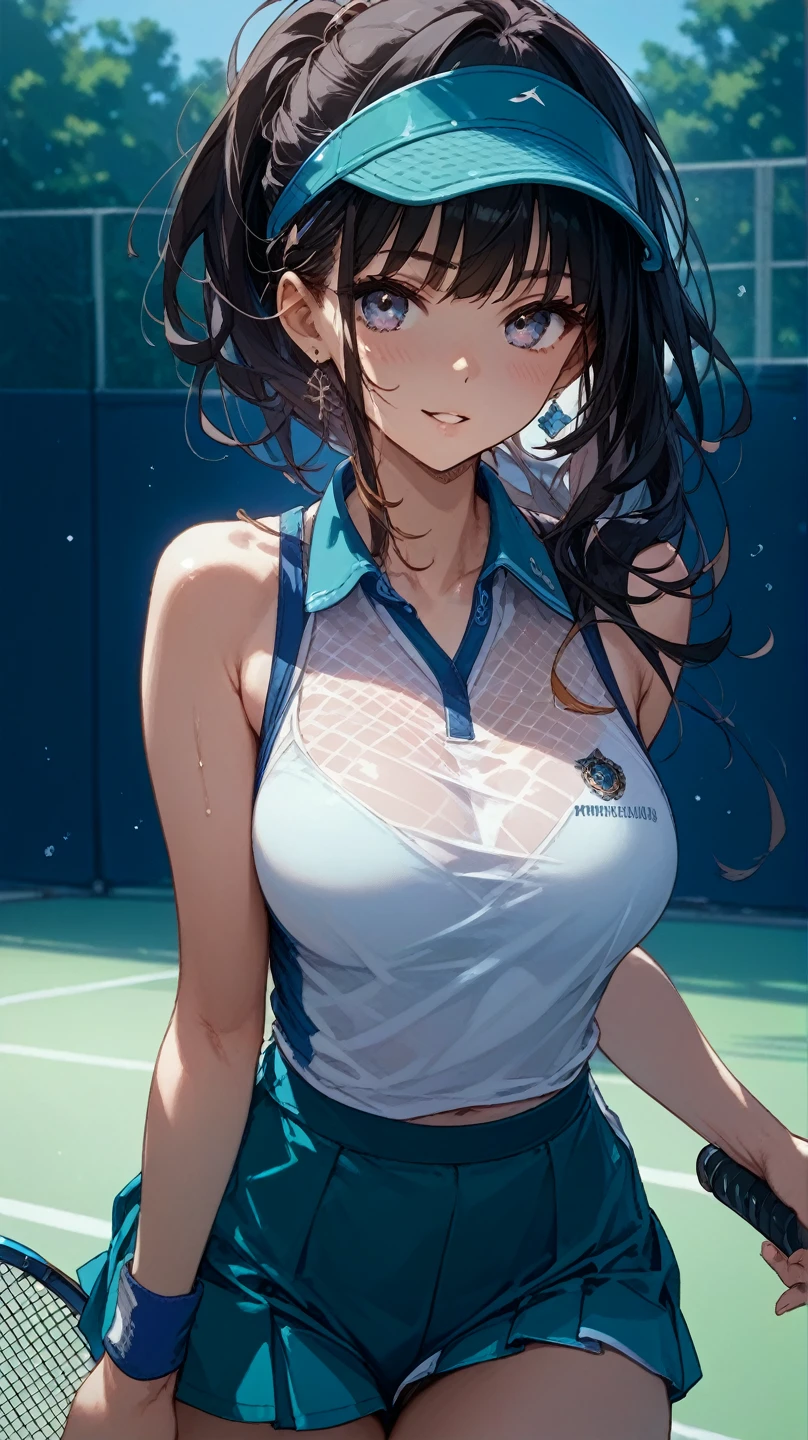 1girll,tennis player,s the perfect face,crisp breasts, Convex buttocks,White sports short sleeves,Short white pleated skirt,White lace panties,White sport socks,White tennis shoes,Wet hair,High ponytail,body soaking wet,Swing the paddle,tennis court,Sunnyday,Clouds, Detailed background, Clothing details, perfectly proportioned, filmgrain, Fuji colors, lightand shade contrast, tmasterpiece, high detal, high qulity, A high resolution, Cinematic lighting, 8K, Textured skin, Super detail