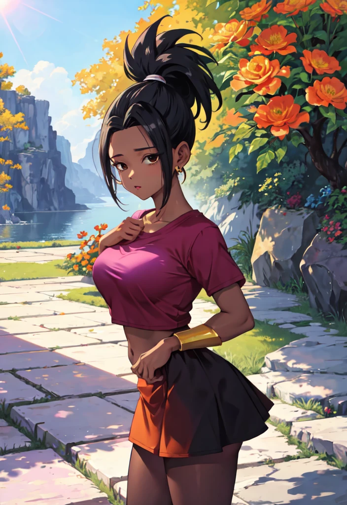 artwork, best quality, Kale, black eyes, ponytail, top cut, armband, red skirt, torso, standing, looking at viewer, nervous,In a lush and flowery garden, under the golden light of the evening, the character is standing among the flowers, looking tenderly at the viewer, while the sun's rays filter through the trees, creating a magical and romantic atmosphere around her, close up Light brown girl, black hair, shy look, nsfw, heat, in love, looking at the viewer ,heart-shaped pupils,nails,hands on own face, choker,torso,trembling,sweat,sweatdrop,heart,medium breasts,  Love, heart, top cut, happy, smile
