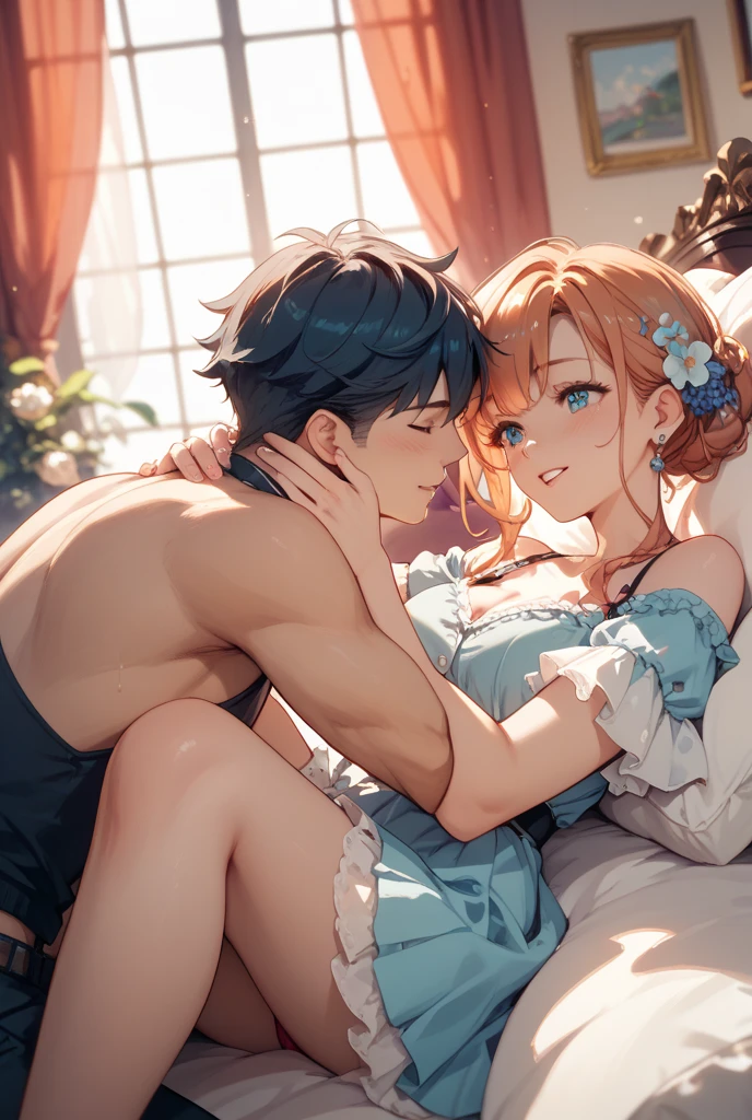 Korean couple hugging each other on top of bed，low saturation，pale-blue( Reasonable design, linhas claras, alta nitidez,best quality, Very detailed, master part, Efeito de luz do filme, 4k )