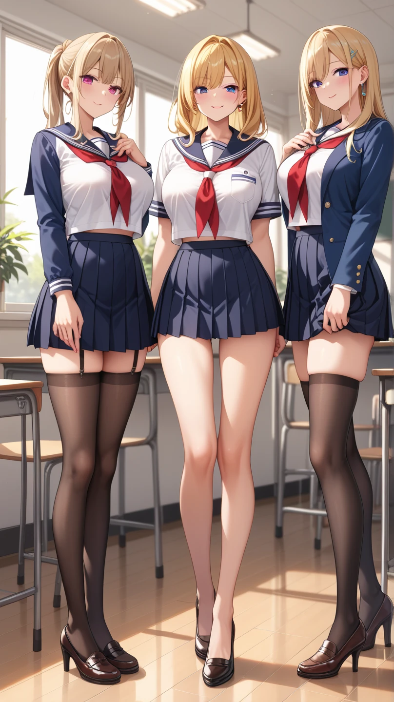 (((masterpiece, highest quality, High resolution, 超High resolution, Perfect Pixel, Depth of written boundary, 4K, RTTX 10.0, High resolution))), (Four adult women:1.3), Beautiful Anime Woman, Beautiful art style, Anime characters, ((Long Hair, bangs, Dark brown hair, Various hairstyles, ponytail, Twin tails, Bobcut)), ((Beautiful eyelashes)), ((Detailed face, blushする:1.2)), All four have different faces, ((Smooth texture, Realistic texture, Anime CG Style)), Perfect body, (Slender body:1.2), Beautiful and big breasts, Exact finger count、Exact number of legs、Exact number of arms, (blush:1), (Four women are walking down the stairs side by side, lifting their skirts:1.4), (Fashionable white shirt, Sailor collar, (Knee-high socks:1.2), loafers, mini skirt:1.4), Realistic, highest quality, High resolution, 非常にDetailed face, Perfect lighting, Extremely detailed CG, (Perfect hands, Perfect Anatomy), Embarrassed expression, (School stairs:1.5), Morning sun-like lighting, whole body, ((Stylish and sexy shiny satin panties, Stylish lace side-tie panties, A pair of white panties with a simple plain white center and black lace on the sides, White panties with different designs for each person:1.2)), Angle from the front、(Beautiful and thin thighs:1.2), All about the same height, Feeling embarrassed