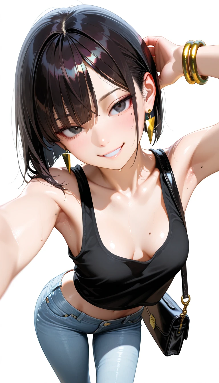 ((young girl ,short stature,gyaru)) ,flat chest,black hair, twintail ,,nsfw,heavyset,looking at viewer.stand,leopard printswimsuits, evil smile