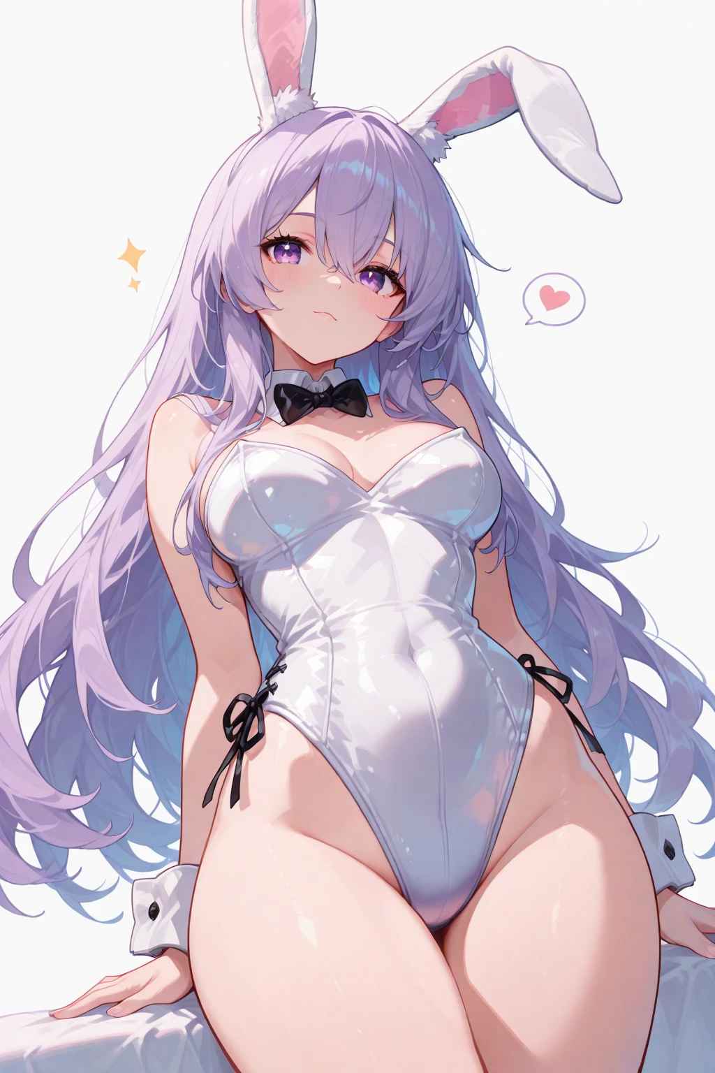 highest quality、Nice sexy body、One Woman、(solo)、((Beautiful busty woman:1.4))、(Light purple haired woman:1.3)、Short Woman、Woman with straight hair、Woman in bunny girl costume、A woman wearing a bunny girl headband、(A woman wearing a purple bunny girl leotard:1.3)、woman wearing black pantyhose、Woman with hands on hips