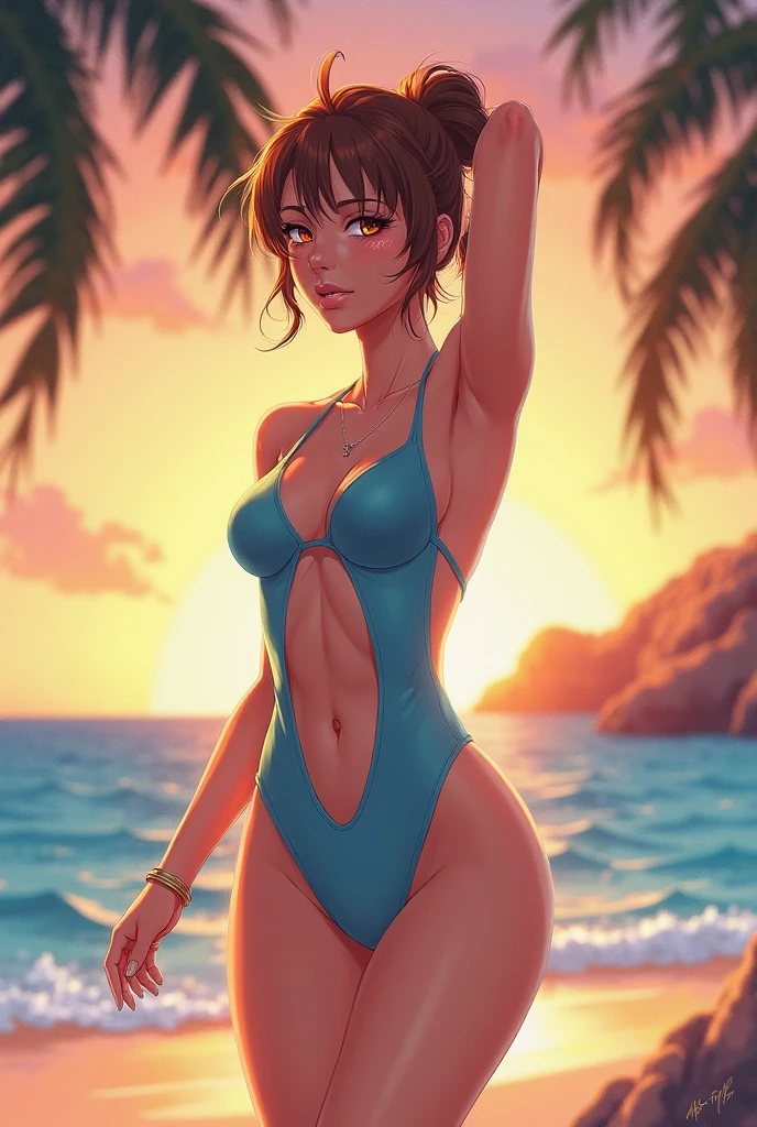anime, Conceptual art, cinematic lighting, Canon, Nikon, 8k, super detail, 4K, best quality, award winning, anatomically correct, (detailed beautiful eyes and detailed face, masterpiece side light, masterpiece, best quality, detailed, high resolution illustration), ((hyper detailed anatomical eyes)) ((maki zenin)) huge in tiny bikini, standing on beach, blushing puff out cheeks