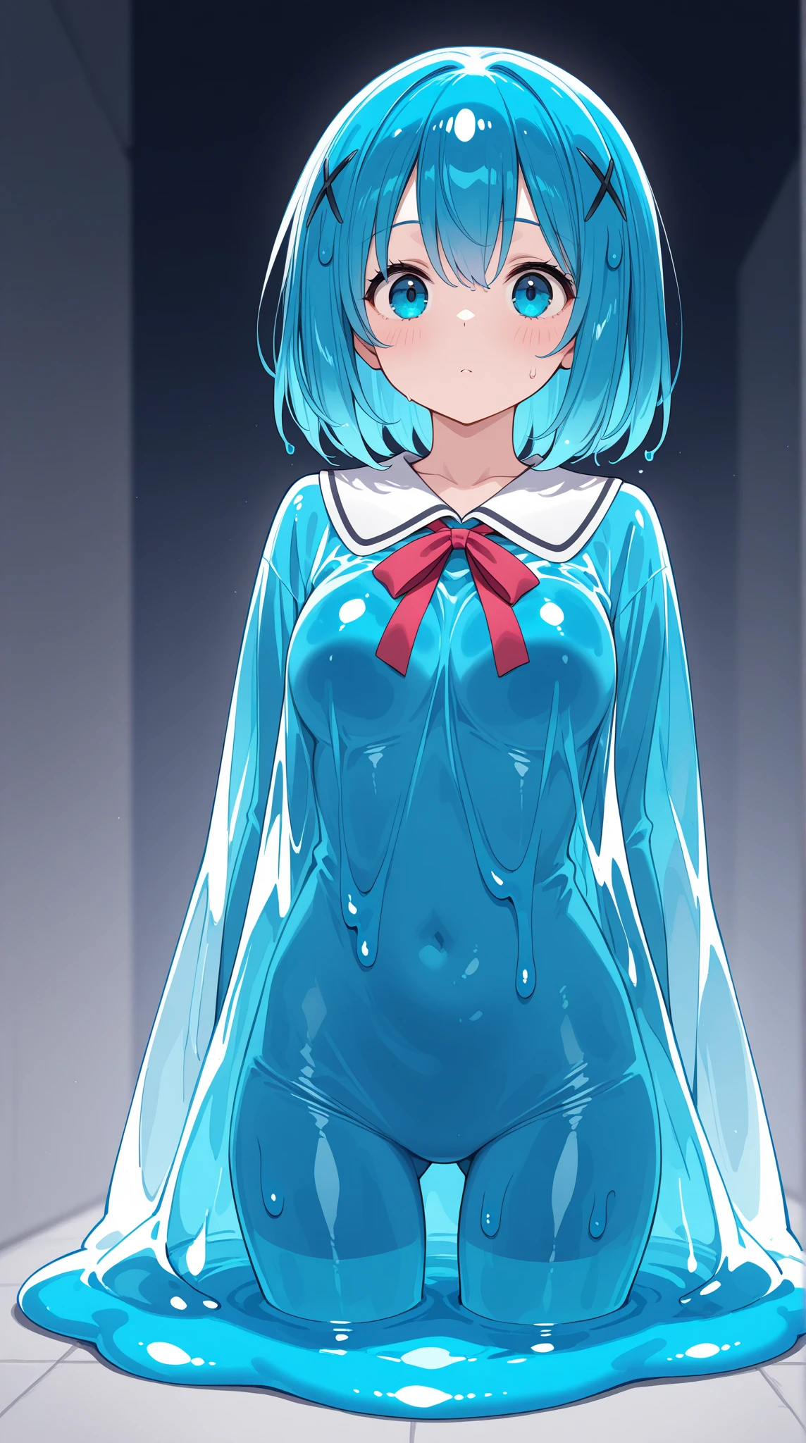 Highest quality, (masterpiece:1.2), Very detailed, 
One adult woman,Mysteriously glowing red eyes、
Taunt viewers, Naughty smile, Grinning mouth、Transparent nipples、Slime-like skin、
blush, Blue Hair:1.4, short hair、Perm Hair((Slime-like pantyhose))、An apartment room、((Slime disguised as Sailor Mercury))、((Slime-like long gloves))、(Green slime leotard:1.5)、Slime Boots、(Spread your legs)、Mucus covering the groin、