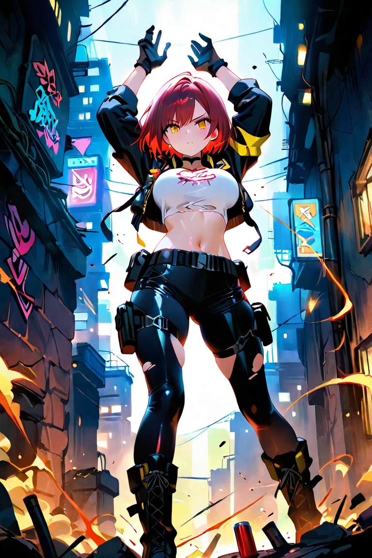 matoi_ryuuko, short hair, navel, suspenders, thighs, hair between eyes, serafuku, large breasts, thighhighs, multicolored hair, black hair, red hair, streaked hair,, jinkesu clothes, MatoiRChrg, underboob, microskirt, thigh boots, garter straps, dynamic posture, robotic body, cyborg girl, The body is made of metal, Cyber Eye, cybor killer, tubes throughout the body, thrusters, Mechanical legs, Mechanical arms, very detailed, super quality, 8k ultra resolution, holds a katana with both hands, Short skirt, clothing straps, blood on the cheeks, Epic Shot, in a fighting pose, blurry plan, against the backdrop of the cyber city, The metropolis of the future, very detailed, super quality, 8k ultra resolution