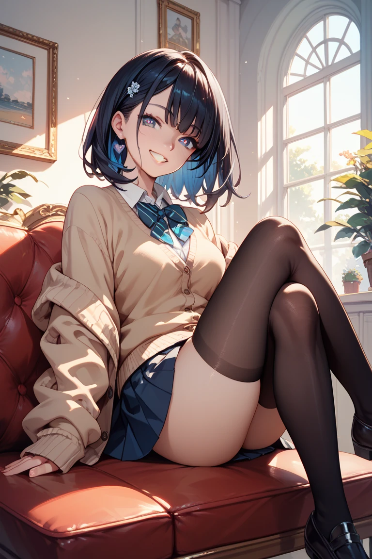 (masterpiece、highest quality、High resolution、realistic pictures、real looking skin:1.1)、
(A woman is sitting on the floor with her knees raised:1.9)、
(A woman&#39;s body is mine々Since she is facing directly ahead, her panties are visible.:1.8)、
(The skirt is so short that her panties are visible:1.8)、
(she has a grin on her face:1.5)、
(She is wearing a black short-sleeved turtleneck.:1.8)、
(She is wearing a red pleated mini skirt.:1.8)、
(She is wearing black high socks:1.8)、
(Her hairstyle is short black hair:1.5)、
(The panties are pink and simple cotton.:1.5)、
(Location: Living room of an apartment:1.5)、
1 Japanese girl、solo、full body esbian、beautiful eyes、shining eyes、Shining thighs、NSFW