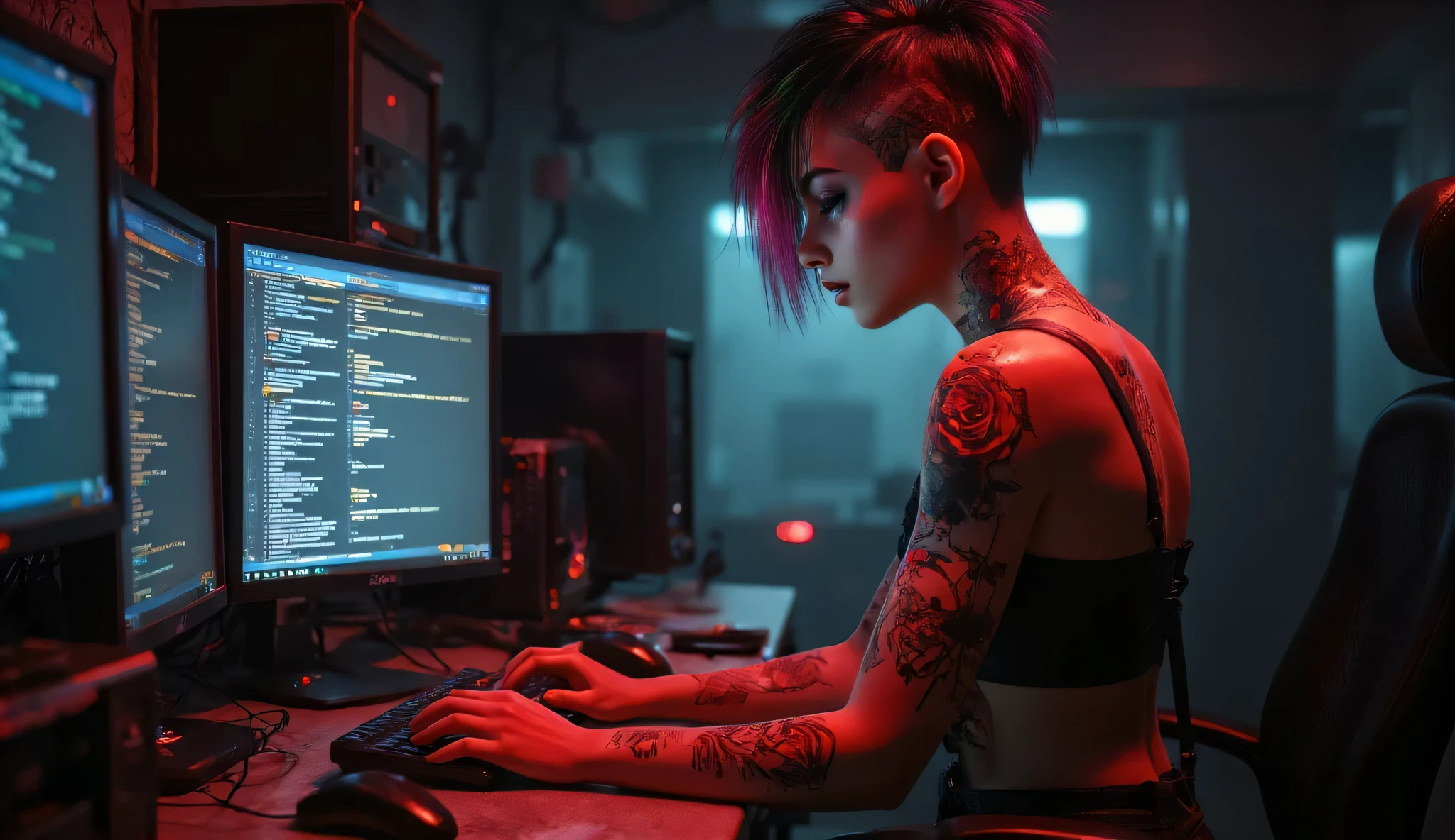 1 girl, solo, cyberpunk 2027, room background, desk, 3 monitor, pc, pants, (from side), (programming), typing on keyboard, monitor light, light on face, black and red hair, left side of head shaved, neck rose tattoo, black spiderweb tattoo on right shoulder, eyeshadow, no light in room, darkness, sitting, sit on chair, serious expression, head from side(looking at monitor), high detail, masterpiece.