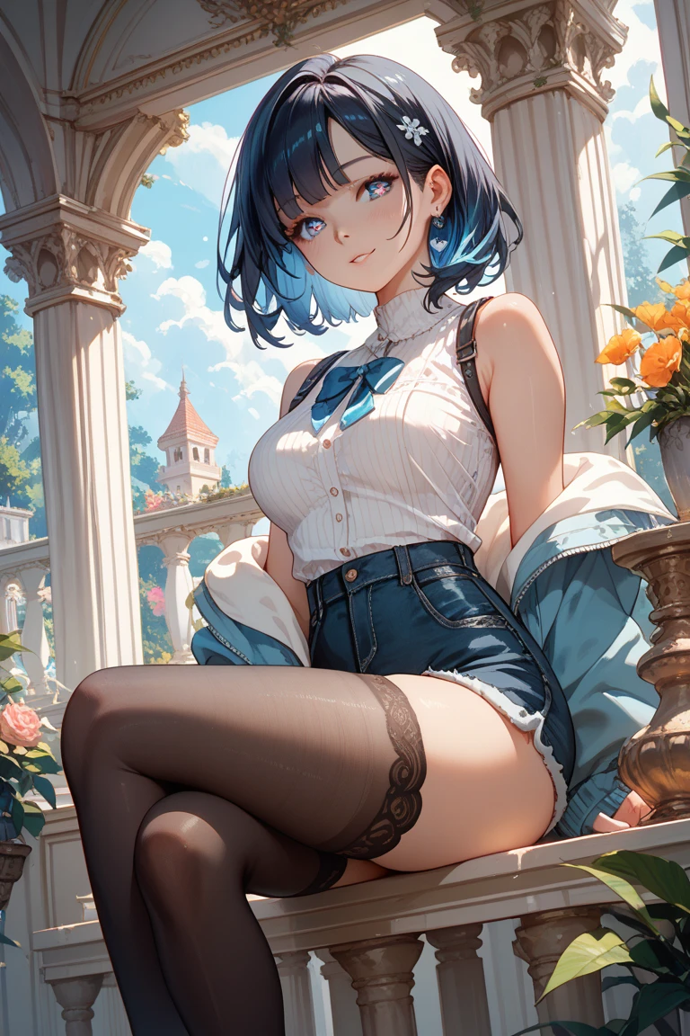 (high-quality, breathtaking),(expressive eyes, perfect face) 1female, girl , solo, ager, short hair length, thick hair, wavy curly hair, soft wave, black purple hair color, blue and purple highlights in hair, pink eye color, blue and purple background, music, gentle smile, beautiful background, jacket, blouse, shorts, stockings, boots, modern punk attire, fun personality