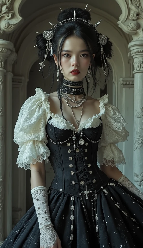 woman in a black and white dress with a long skirt, intricate Victorian dress, victorian style costume, intricate costume design, victorian goth, black Victorian dress, victorian gothic, an elegant gothic princess, pretty female, intricate, dystopian worlds, mortal engines worlds, frontal view, dramatic, extremely detailed, inanely detailed, surrealism, super-resolution, high quality, hyper-detailed, Masterpiece 8k