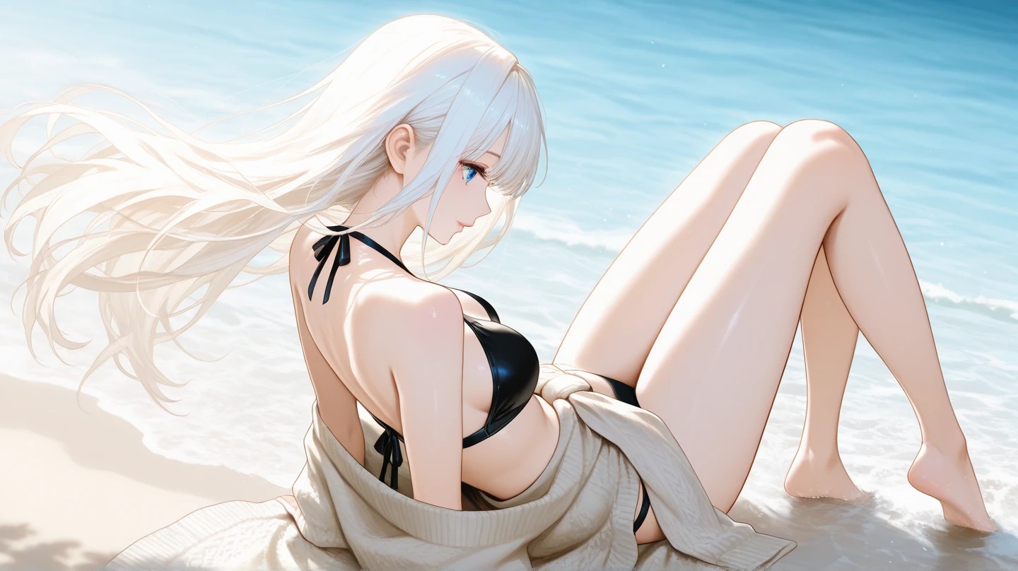 Long white hair, blood-red eyes, with a cross necklace, wearing a black and white bikini, beach, beach ball, female top pose