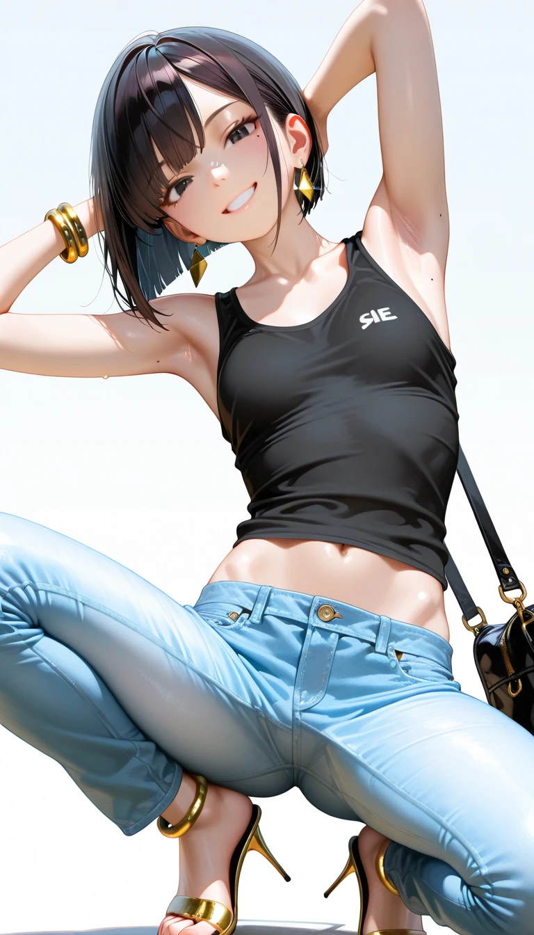 Cute girl, Ripped bikini jeans, A short yellow shirt that does not cover the stomach, the stomach is visible, Red sneakers, short hair, beautiful body, medium-sized sexy breasts, bikini, Crouching on the ground like a dog, raising her buttocks, high ass, Teenage girl, , crouching on the floor, in a doggy style position, holding her ass up