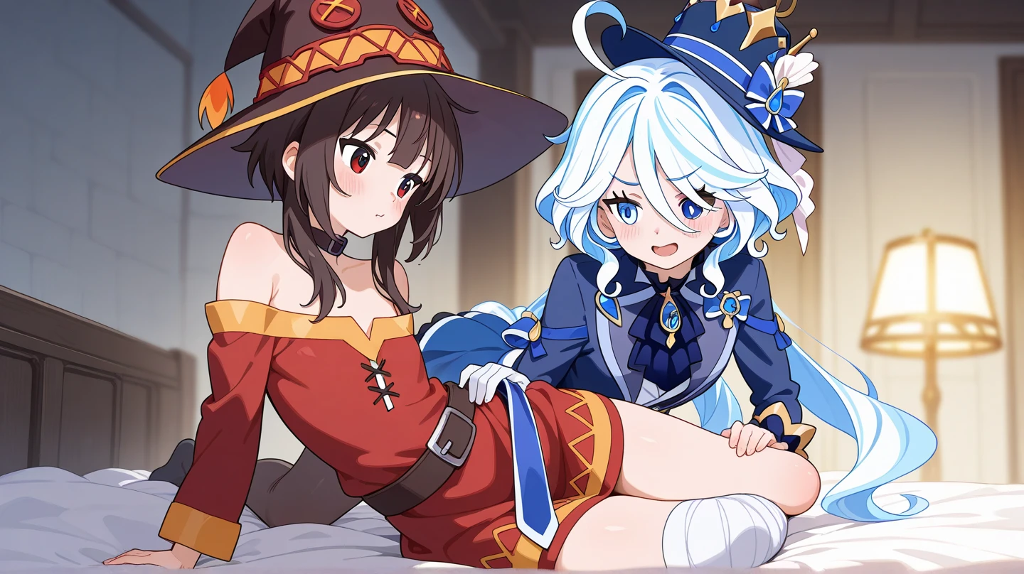 score_9, score_8_up, score_7_up, score_6_up, score_5_up, score_4_up, (source_anime), 2girls, Kono Subarashii Sekai ni Shukufuku o!, konosuba, (megumin, short hair, ??? , small breasts, puffy nipples), (aqua, long hair, big breasts), yuri, age difference, giant size difference, far, full body, rimjob