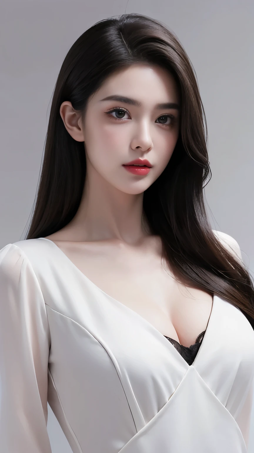 a woman, beautiful, amazing face and eyes, cosmetic, red glossy lips, (Extremely detailed beautiful face), (The sexiest look), (best quality), (Super detailed), (Extremely detailed CG unified 8k wallpaper),original photo, Professional photography, (standing), (pure white background),(black hair),(big eyes),(Soft light source),(A little cleavage),(shorts),(Black top)