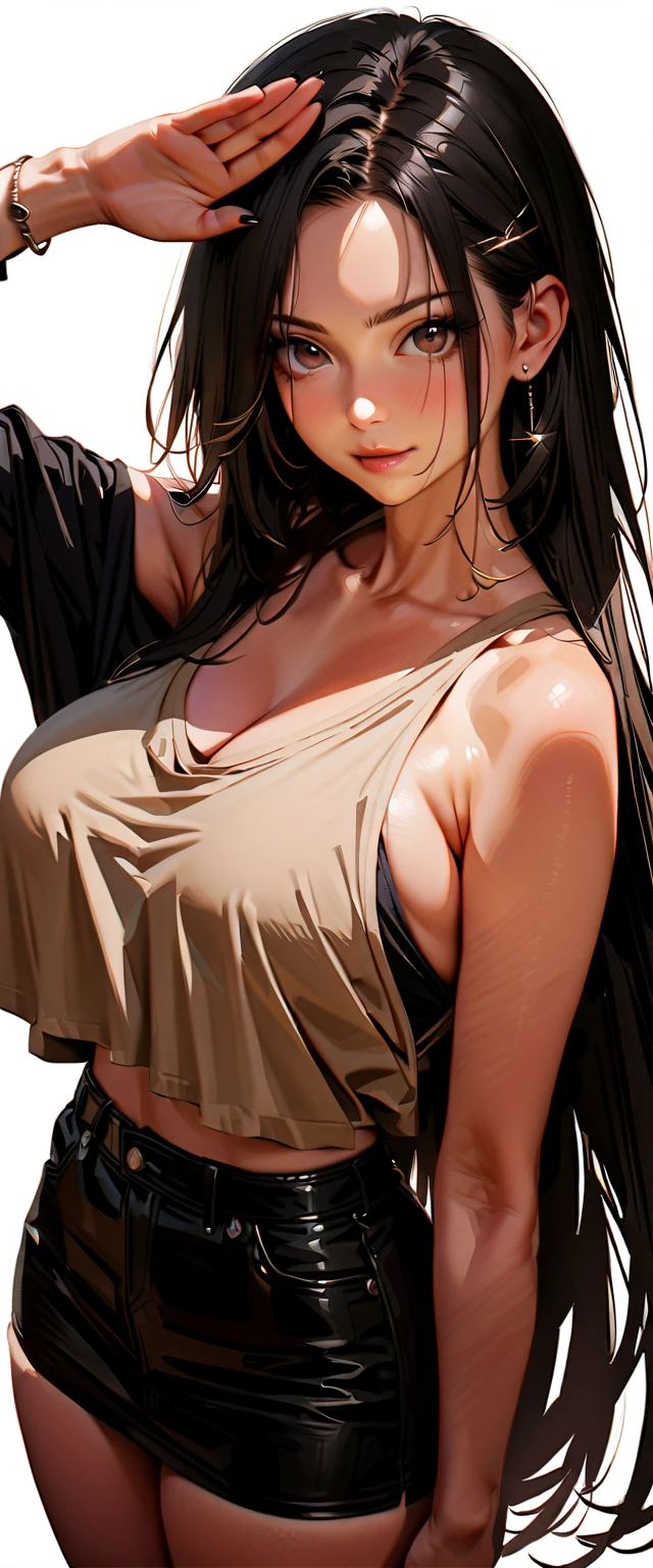 (((masterpiece))), (((best quality))), ((ultra-detailed)), (highly detailed CG illustration), Boa Hancock, (masterpiece:1.5), Detailed Photo, Sexy, (Best Quality: 1.4), (1girl), Beautiful Face, (Black Hair, long Hair: 1.3), Beautiful Hairstyle, beautiful detail eyes, (realistic skin), beautiful skin, absurd, attractive, ultra high resolution, high definition, (sexually aroused:1.5), Pinkish white skin, cool white light, sexy pose, Beautiful , white background, pink soft white light, Wear a white tank top, (sexy pink armpit:1.3)