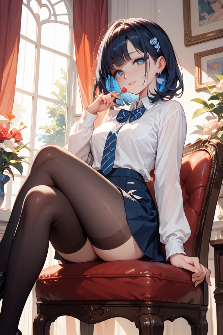 ((masterpiece, highest quality)), (One girl), (alone), (Focus on women),((pantyhose)), (Black Bra),(Black pants),(Photograph the entire foot),A light smile,Sitting,Looking down here,