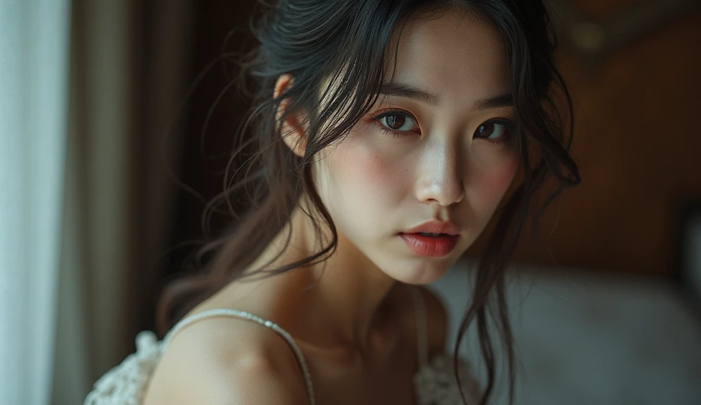(((Full body image of a woman))),(Model shooting style), (shy), 1 girl, Lonely, Shiny black hair、 Extremely rich facial detail, Beautiful Eyes, cute, Slightly red cheeks，bright, Lonely Eyes, Stunning beauty, Front blur(Rembrandt Lighting), ARRI Lenses, Surreal, (Skin with attention to detail:1.2),4K,ARRI ALEXA LF,Promise, Dramatic Rim Light,Sparkle Effect, high quality,Very delicate and beautiful, wonderful, In detail, masterpiece, Very detailed, High resolution,Best Shot, Best Shadow,Complex,Sharp focus, high quality, 1 Japan woman, alone.cute,Fuka Koshiba,Yuki Sakurai,waterfall,water droplets,Wet,Lens flare,No sleeve,Frills,Beautiful breasts,Swallowtail butterfly,A butterfly flutters,Cool eyes,Glossy Lips,An ennui smile,Glowing Skin,Transparent skin,From above,Open your arms,Waistline,Beautiful nipples,((No shirt, Very good, Naked underneath, Bare chest, Barely covering her nipples)),((Wet, Her clothes are transparent, Her body and skin sweat)),((View from the rear, From above見た図, Bare back)),Bloom