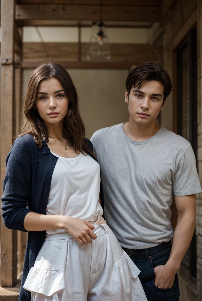 A tall handsome young man with black hair, black eyes, he is wearing a blue suit and he hugs an incredibly beautiful femme fatale young woman, she has a brown hair with a very short haircut standing next to him, she has brilliant green eyes, She is wearing a casual blue jeans and white T-Shirt. Masterpiece, perfect image, realistic pictures, detailed face study, full-length image, 8k, detailed image. an extremely detailed realistic image , a real masterpiece of the highest quality, man and women looking into each others eyes.