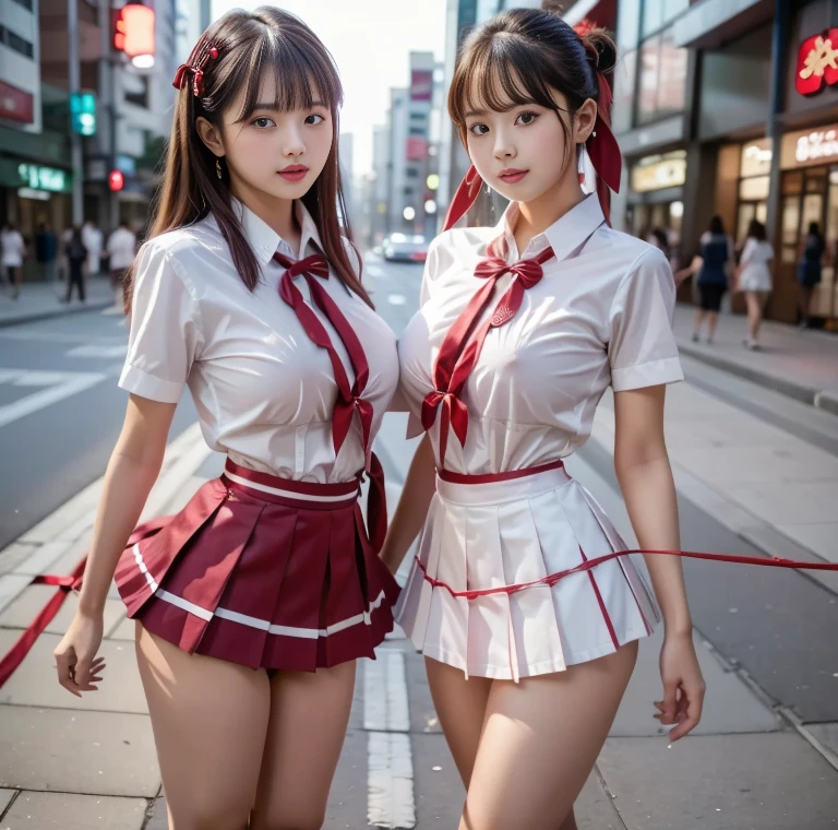 A vibrant festival scene in urban Japan, thousand of beautiful Japanese schoolgirls wearing short skirts and bras, intricate traditional costumes, bustling streets, neon lights, cherry blossom trees, dynamic energy, photorealistic, highly detailed, vivid colors, dramatic lighting, cinematic composition, masterpiece