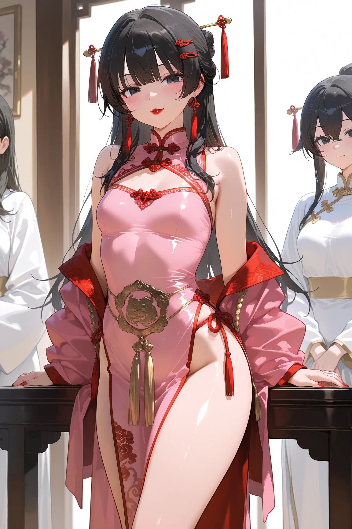 Highly shiny embroidery、Princess in a Chinese dress with a crumpled red long-sleeved raincoat、Having sex with the emperor while writhing around on the bed