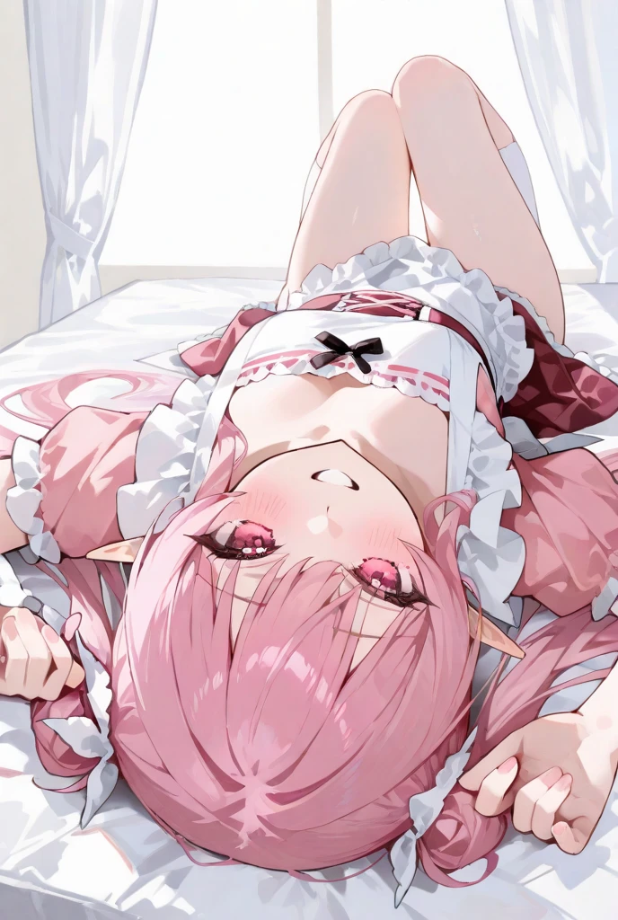 1girl, pink ponytail, pink eyes, soft smile, white skin, elf ears, wearing black camisole, big breasts, short shorts, leaning back on bed, absurdres, high res, ultrasharp, 8k, masterpiece, looking at viewer