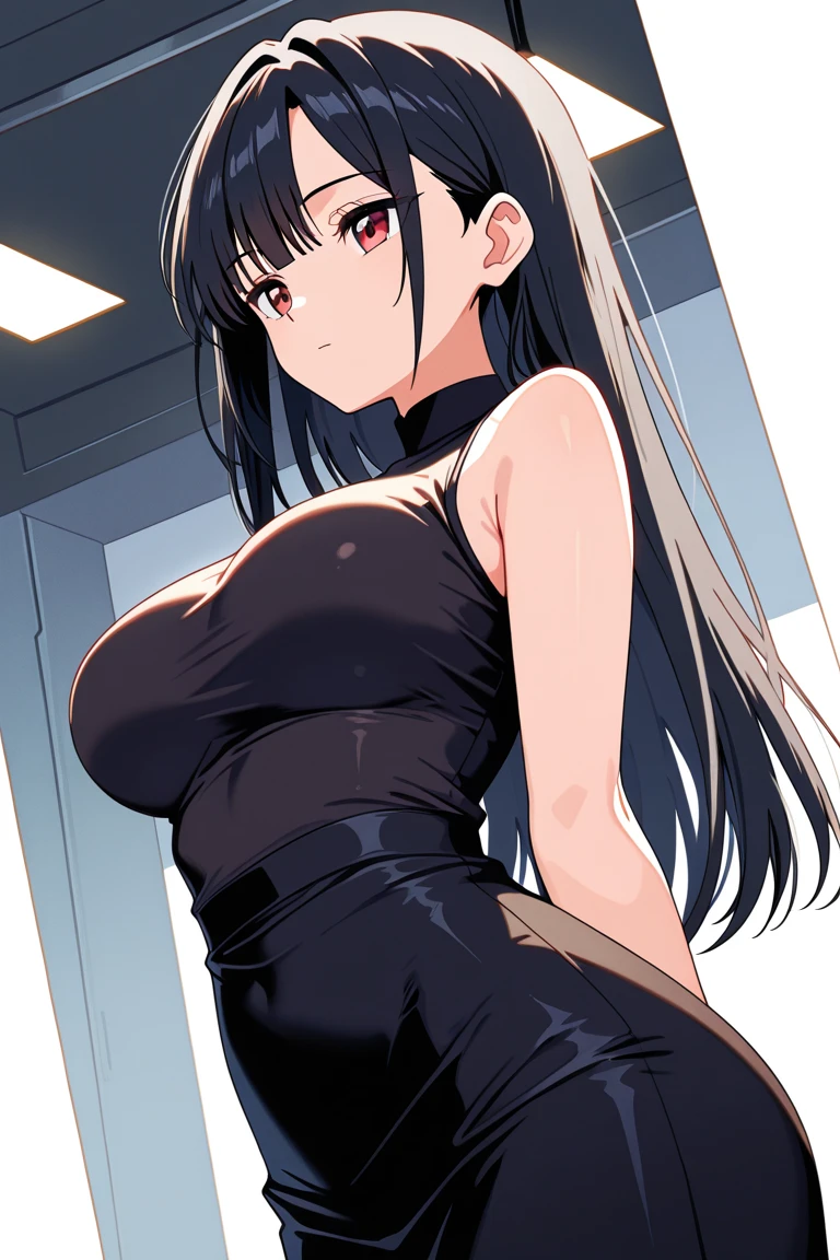 professional artwork, Intricate Details, field of view, sharp focus, detailed painting, photorealistic lighting, trending on pixiv,(masterpiece:1.0),(best_quality:1.0), ultra high res, ultra-detailed, photography, 8K, HDR, highres, absurdres:1.2, Kodak portra 400, film grain, sharp focus, bokeh:1.2, lens flare, (vibrant_color:1.2), (((indoors, dark night district))), Annerose, 1girl, female mature, ((long hair, black hair:1.4)), (yellow eyes), large breasts, ((white nurse outfit:1.4)), soft skin, hair intakes, (solo:1.4), (upper body, half body shot, covered breasts, side boobs), seductive, shiny clothes