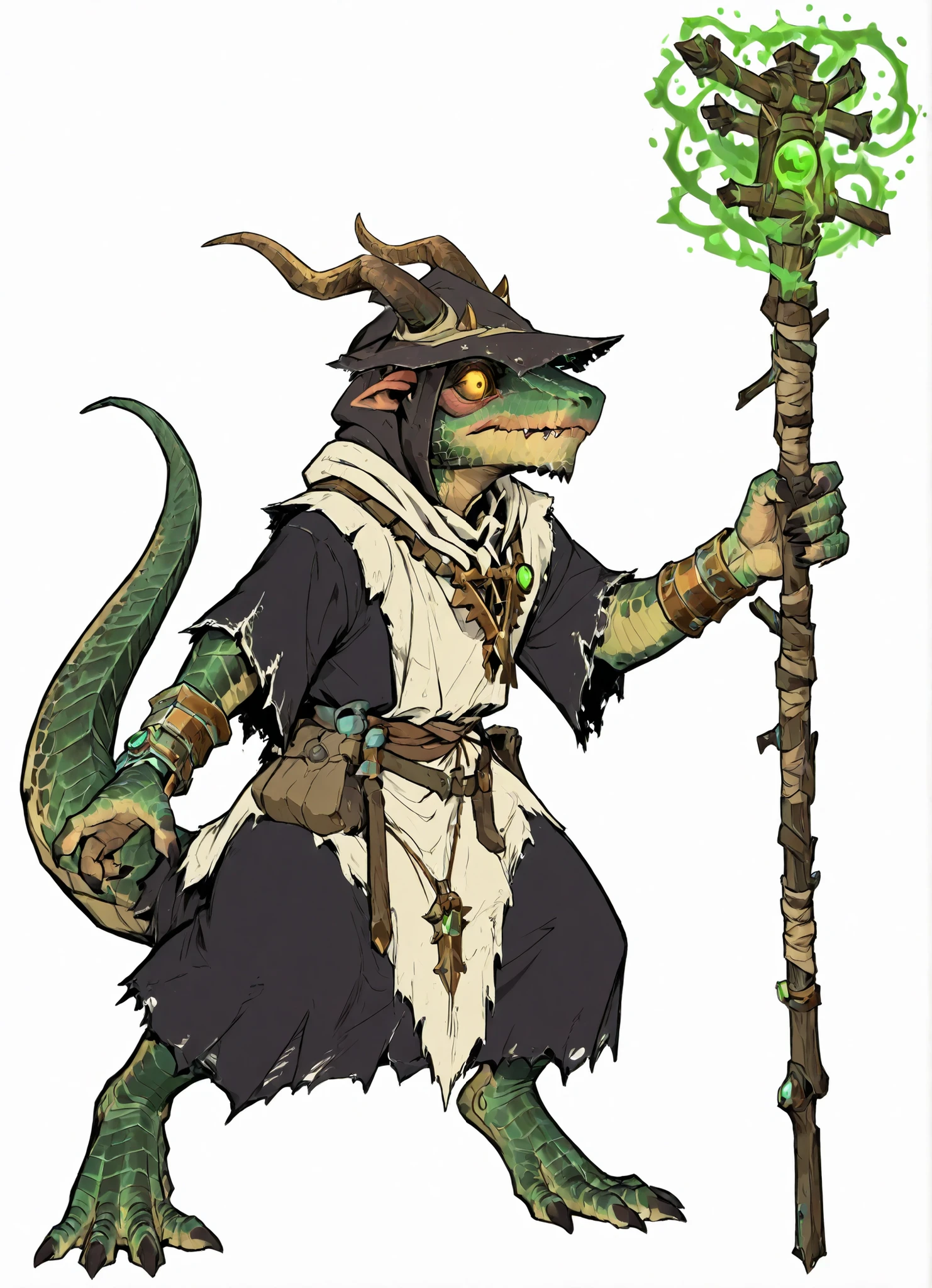 high quality, masterpiece, kobold, green scales, plague mage, GreySeer, horned, cajado de madeira, green magic
