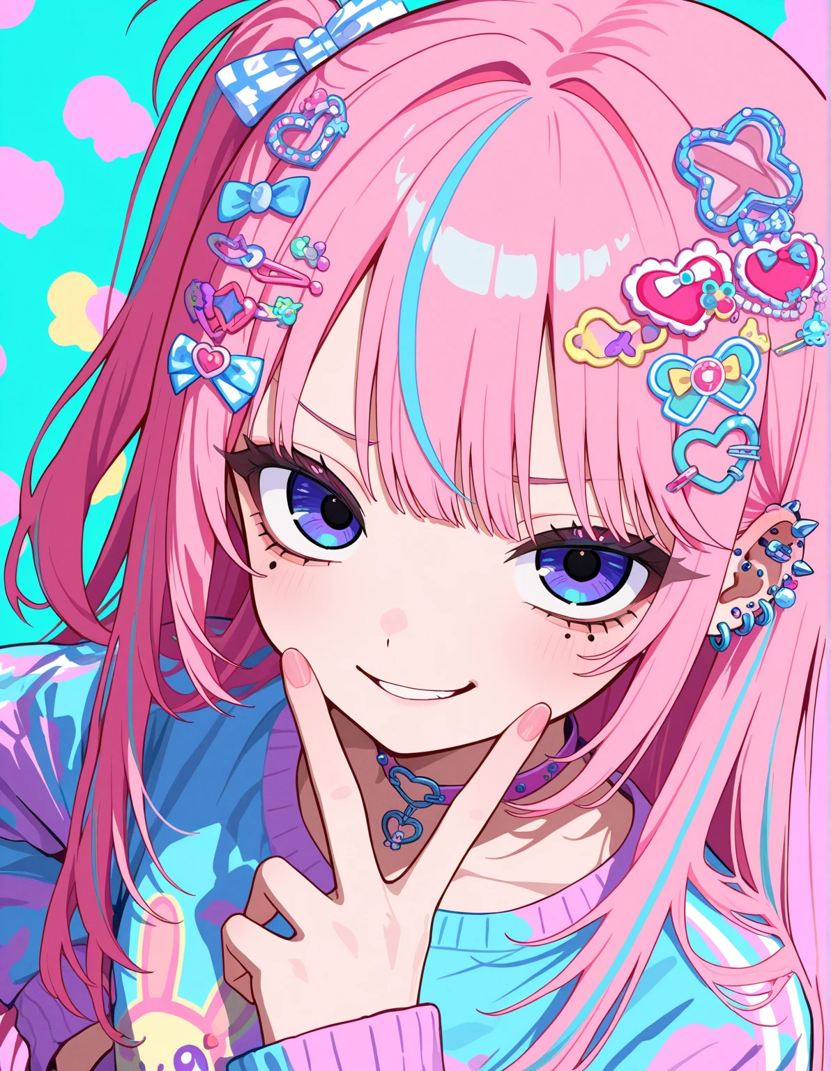 748cmstyle, style5, masterpiece, best quality, amazing quality, decorated, lots of accessories, piercings, under-eye bags, big eyes, pop art, colorful lineart, decorated, 1girl, solo, looking at viewer, dutch angle, portrait, hand on own hip, v over mouth, smirk, parted lips, streaked hair, one side up, long hair, pastel color clothes, yume kawaii, tenshi kaiwai, (decora), harajuku fashion, pink_theme