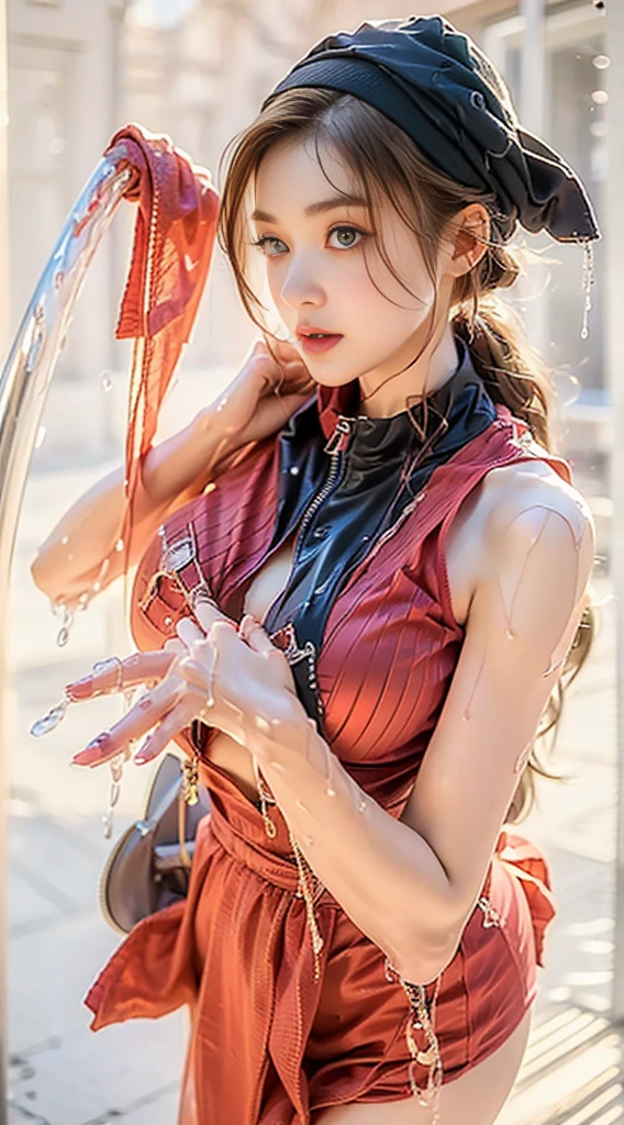 High resolution, high quality, masterpiece, and inspired by Japanese anime. She is a very beautiful, gorgeous, and vibrant UFC fighter with an outstanding fashion sense. She has excellent proportions, is slightly muscular, and has a stylish and easy-to-move appearance. Her fist hits the glass screen, leaving a dramatic cracked glass effect where her knuckles make contact. The overall design is a ring fighter poster, capturing the essence of a ferocious and dominant fighter.