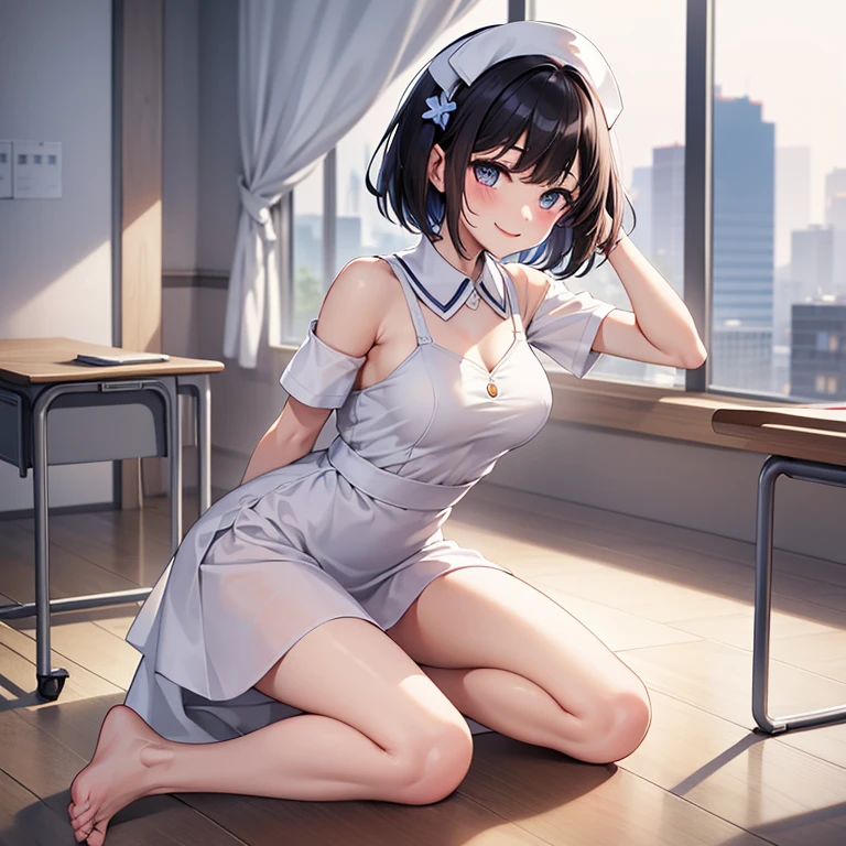 femele,12 years old,Brown hair,White and blue silk basketball uniform,Shorthair,Blue eyes,Mansuji, A smile,,I see underwear,full body Esbian, (Close Shot, Best Quality, hight resolution, 4K, Detailed Lighting, Shaders, NSFW), Smiling, ( Blushing:1.2)sitting on,Legs wide open,small tits,