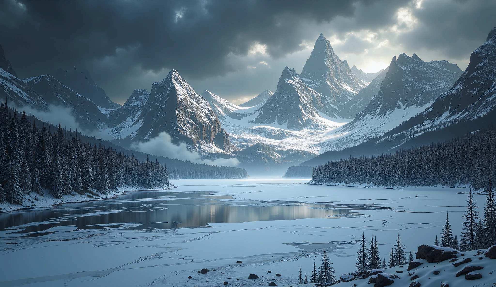 The deserted and snowy northern landscape, with harsh mountains and ice-covered pine forests. The icy shore of a large lake, Ice Water, 2.5d illustration , The sky is covered with dark and thunderclouds, and an aura of mystery and power hangs over the landscape. The scene evokes a sense of power, nature and Scandinavian mythology
