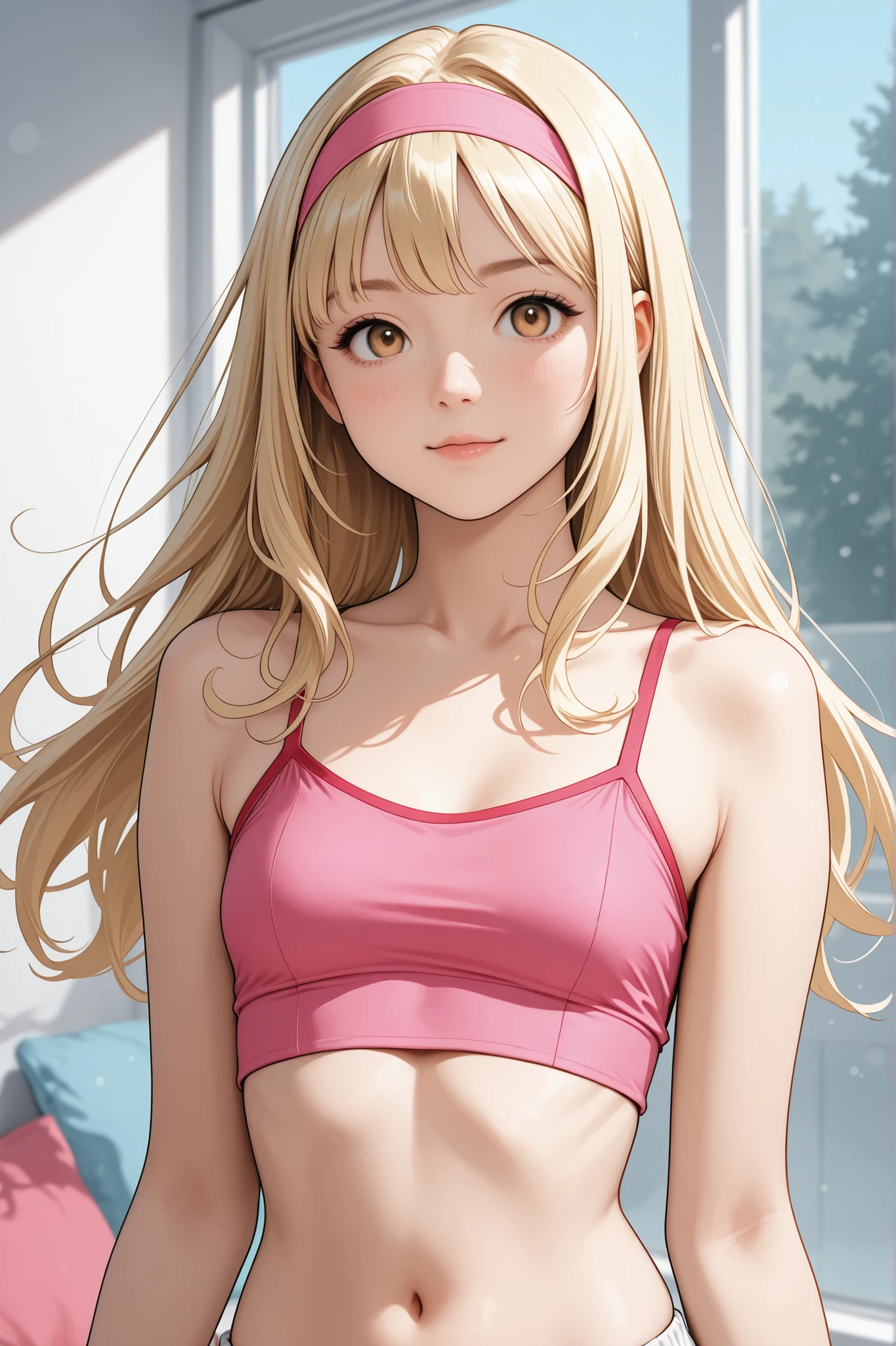 young blonde girl in cropped top and headband 