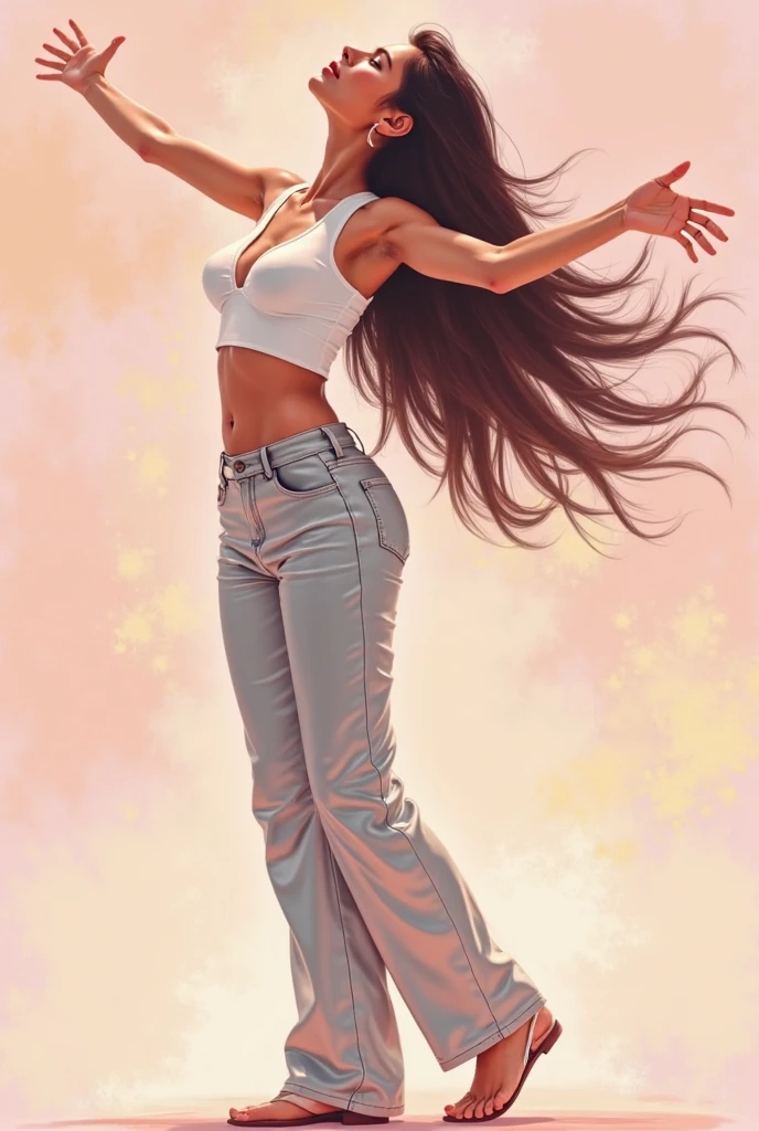 Drawing of a girl with long curly brown hair dancing break dance