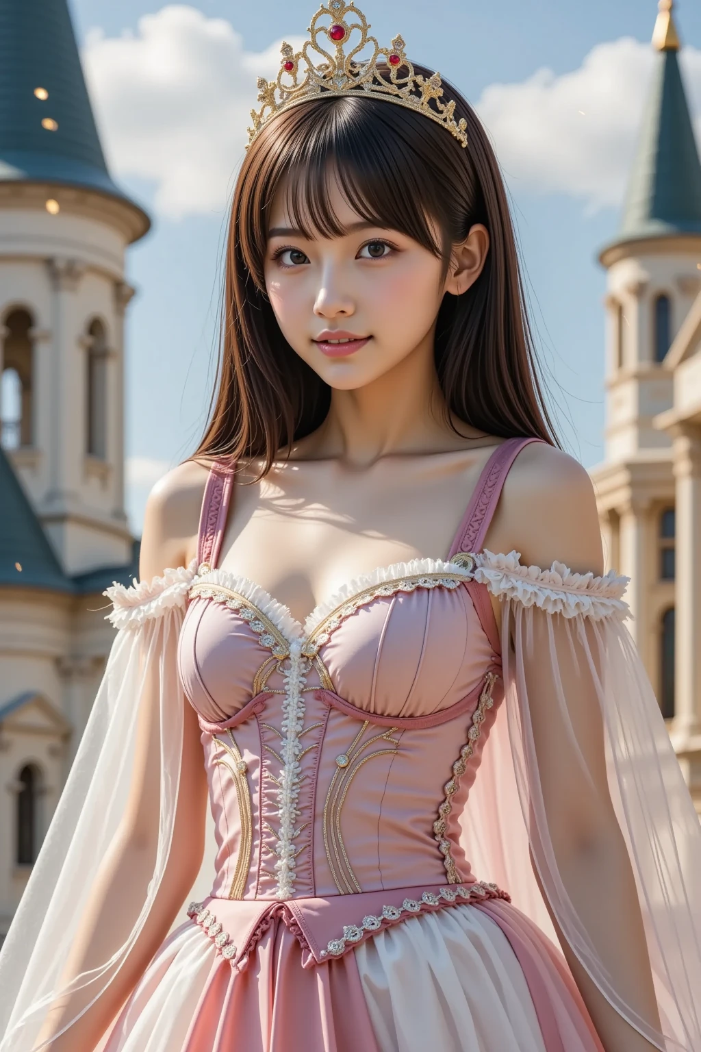8k, ultra hd, masterpiece, 1 girl, cute face, very long hair,  detailed eyes, small curved bust, baby doll costume, (pink costume:1.4), (retro filters:1.4), (fantasy:1.4), (candy world Disney land:1.5), ethereal soft fluffy soft landscape background, hyper realistic Ultra quality cinematic lighting, immense detail, Full hd, sitting,