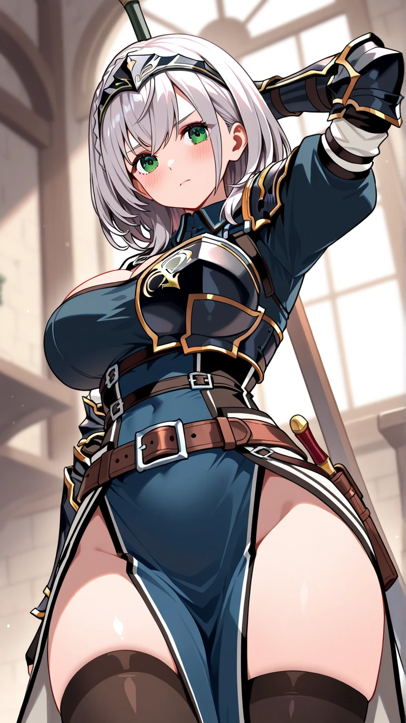 {best quality}, {very aesthetic}, {ultra-detailed}, {best illustration}, masterpiece,(((skirt lift:1.5))),((show off plaid pattern panties)),garter belt,((Holy Knight)), ((Armor made of green))、((((Extremely detailed and intricately decorated armour:1.1)))),Red Cowboy Shot,Smooth udder、Big Tits、(Golden Ratio,Tabletop, Highest quality, Highest quality, Official Art, beautifully、beautiful:1.2), Very detailed, colorful,Best details,An illustration, Great scene, (Adult,19 years old,One Girl, alone, Final Fantasy 12,Asheria:1.5, Asheria:1.5, Asheria:1.5, short hair, short hair,Bobcut,Silver Hair:1.2,Asheria Costume:1.5, Asheria Costume:1.5, mini skirt,Knee socks, Thighs Thighs Thighs Thighs, gem, Blue Belt,Belt number 1),Course of action, A look of contempt ,