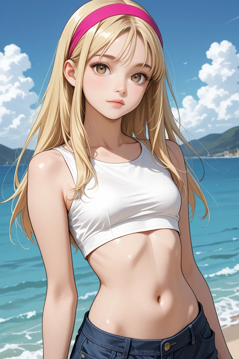 (masterpiece:1.2, highest quality), (realistic, photorealistic:1.4), beautiful illustrations, (natural side lighting, movie lighting), Depth of written boundary, looking at the viewer, (face focus, Upper body), Front view, 20 years old, perfect face, Cute symmetrical face, shiny skin, long eyelashes chest, thin, beautiful hair, beautiful face, fine and beautiful eyes, beautiful clavicle, beautiful body, beautiful breasts, beautiful thighs, beautiful feet, beautiful fingers, 1girl, solo, blond long hair, beach, white shirt, tank top, see-through shirt, short shorts, backwards baseball cap, squatting, spread legs. happy, looking at viewer,