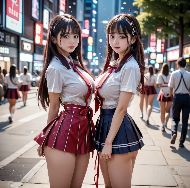 best quality, masterpiece, ultra high res, (photorealistic:1.4), RAW photo、high-angle shot、Center view、Two arafe asian women in satin shimmies standing on neon street in the middle of the night、Phenomenally cute girl、japanaese girl、Wearing a lace slip shimmy、a hyperrealistic 、a hyperrealistic 、 Pose、full body Esbian、Nice skin、glistning skin、lovely thighs、glowing thigh、shining legs、Black high socks above the knee、High School in Japan 、Nogizaka Idol、Korean Idol、Invite you inside、Inviting eyes, ((school uniform), (unbuttoned a white (long shirt) revealing red lace bra: 1.3)), ((lifting black pleated skirt: 1.2), cleavage, micro skirt, cat ear headband, tattoo