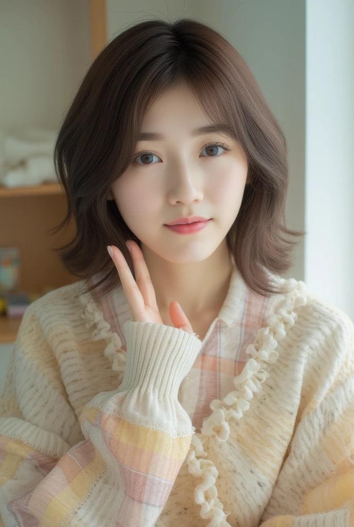 Best image quality、Raw photo、超A high resolution、21 year old Korean、、Dynamic Angle、Cowboy Shot、Chaos in its most beautiful form、elegant、Brutalist Design、Vibrant colors、Short Bob、smile、fun、smile、Glowing White Skin、Beautiful eyes with random colors、Very thin lips、Beautiful eyes in every detail、Long, narrow eyes、Pale pink blush、Long eyelashes、Beautiful double eyelids、eye shadow、Bright white hair、bed、large summer sweater、setting、Cute pose、Full body shot、Full body shotする