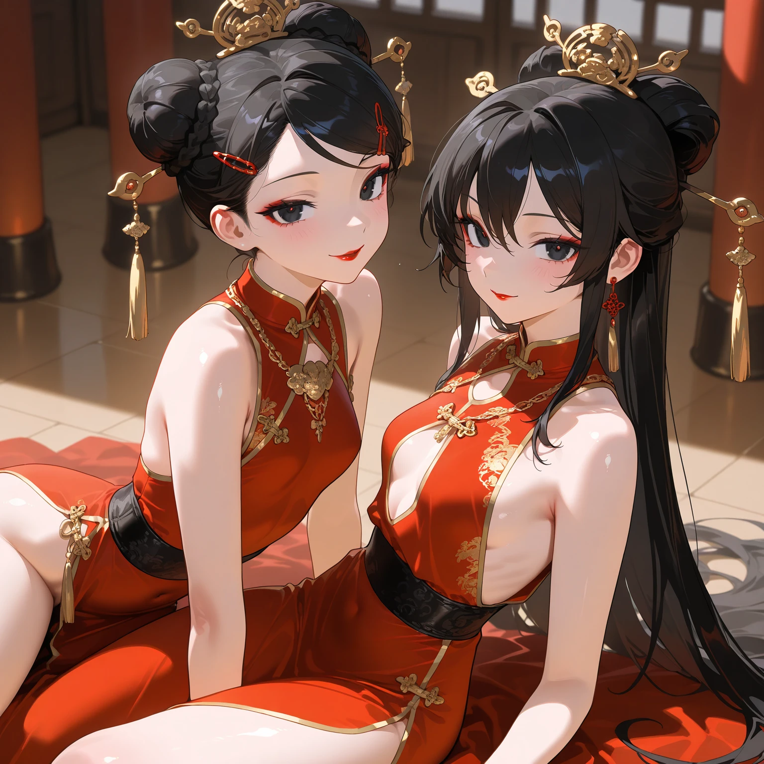 A Chinese girl holds her breasts with both hands