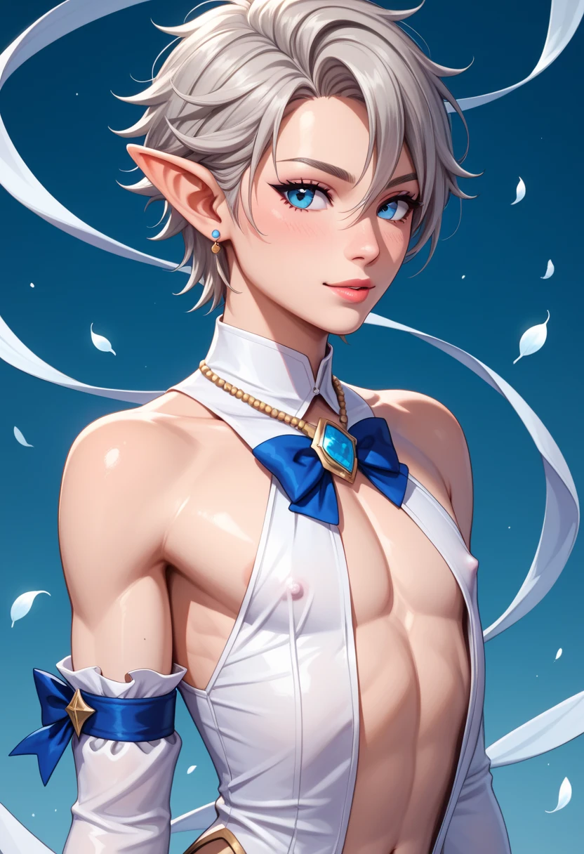 White and clean,Shoulder-length white hair,blue color eyes,Smiling,Anime man with light lips --auto