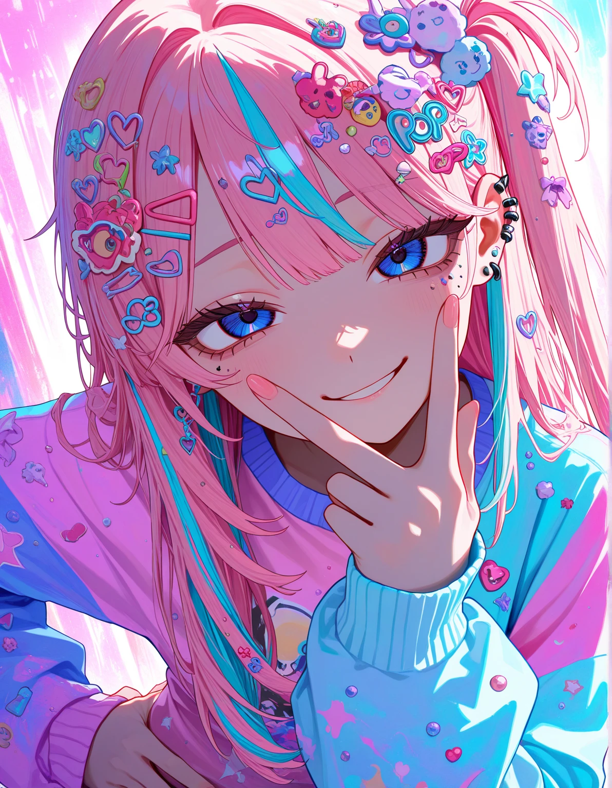 748cmstyle, style5, masterpiece, best quality, amazing quality, newest, 2024, chiaroscuro, impasto, colorful lighting, decorated, lots of accessories, piercings, under-eye bags, big eyes, pop art, colorful lineart, decorated, 1girl, solo, looking at viewer, dutch angle, portrait, hand on own hip, v over mouth, smirk, parted lips, streaked hair, one side up, long hair, pastel color clothes, yume kawaii, tenshi kaiwai, (decora), harajuku fashion, pink_theme