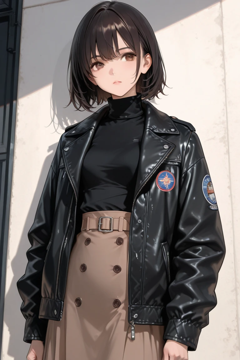 (((8k wallpaper of extremely detailed CG unit:1.2, ​masterpiece, hight resolution:1.2, top-quality:1.2, masutepiece))), ((a very beautiful woman, a 18 year old girl:1.1, Street fashion:1.5, Wearing a blouson, Wearing shoes:1.3, Hands in pockets:1.8)), ((extra detailed face, Highly detailed black eyes, extra detailed body, Top quality real texture skins)), (A dark-haired, straight haired, de pele branca), ((Alley without people, Mileland, surrounded by a brick wall:1.2)), (high-angle:1.2, a closeup, Fisheye:1.4), hyper realisitic, digitial painting,